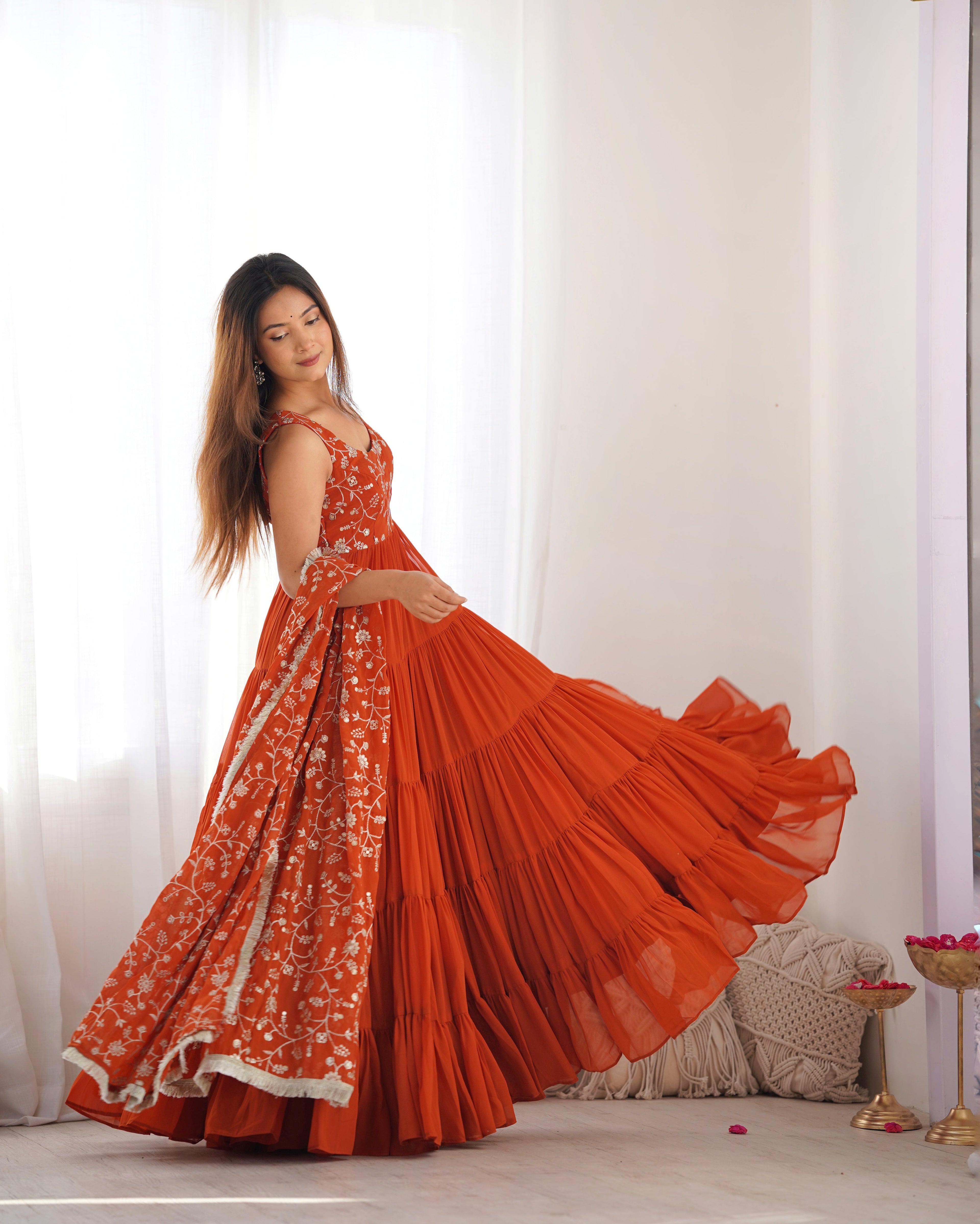 Orange Designer Fox Georgette Anarkali Set – 12+ Mtr Flair with Embroidered Dupatta & Silk Pant