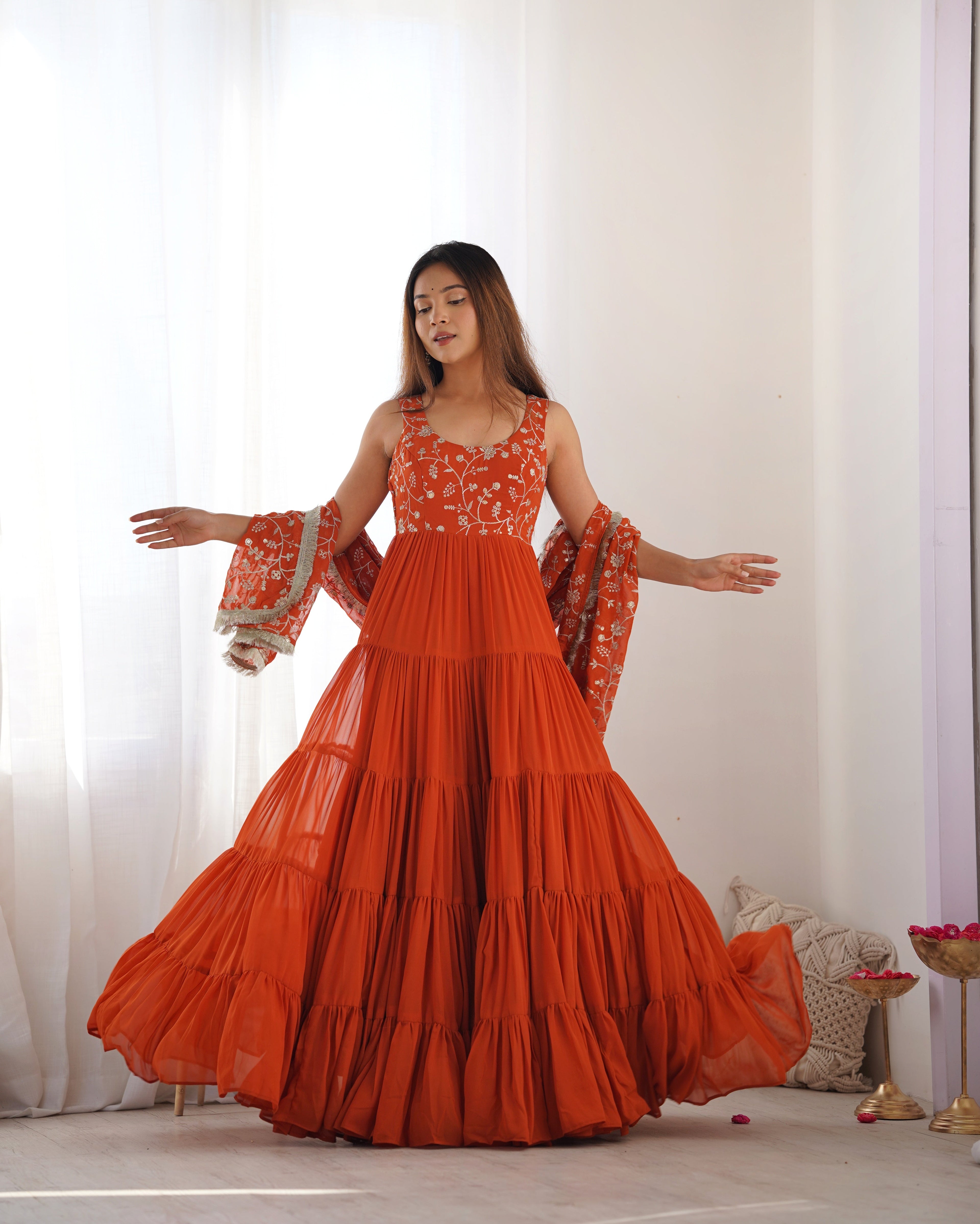 Orange Designer Fox Georgette Anarkali Set – 12+ Mtr Flair with Embroidered Dupatta & Silk Pant