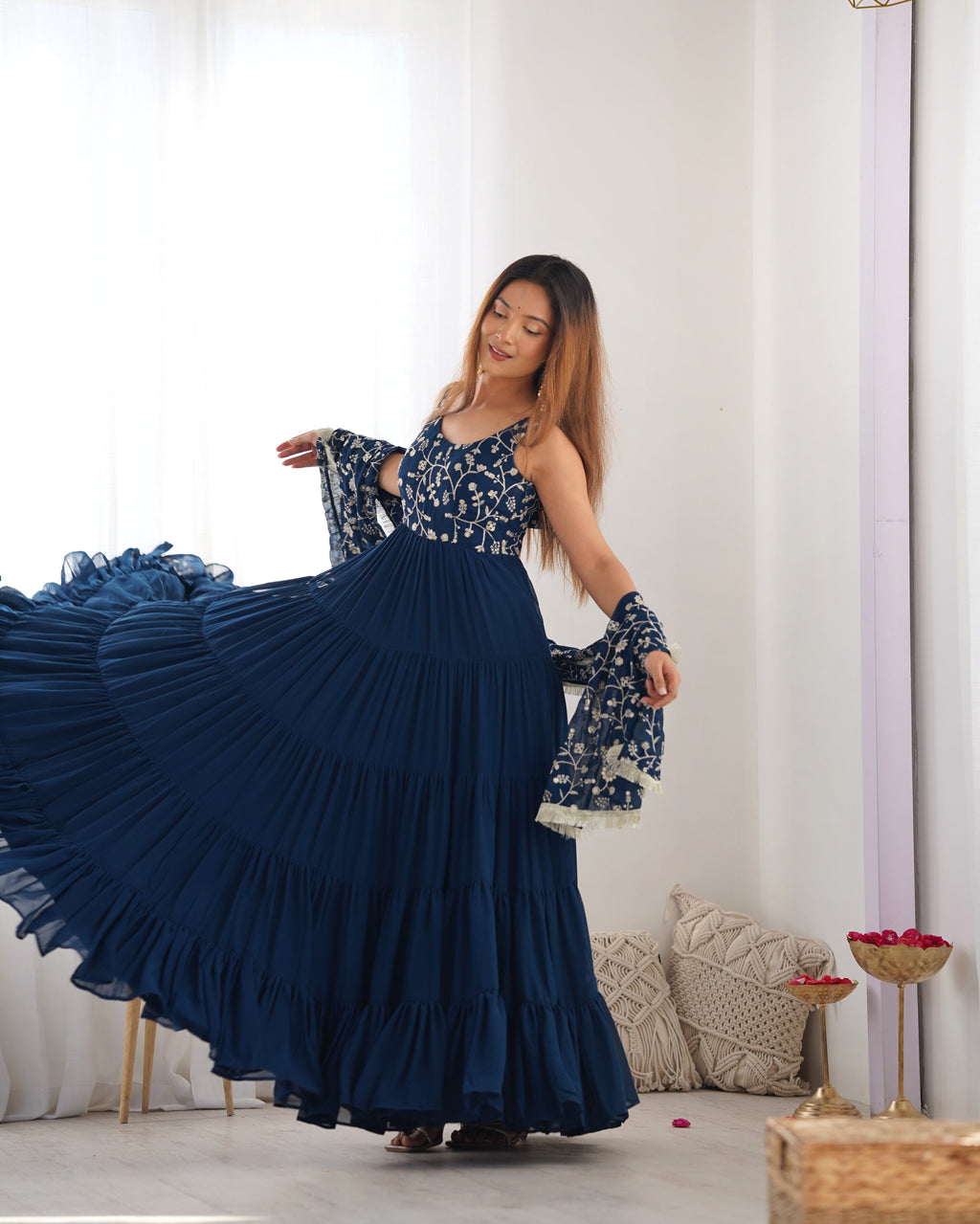 Designer Fox Georgette Anarkali Set – 12+ Mtr Flair with Embroidered Dupatta & Silk Pant