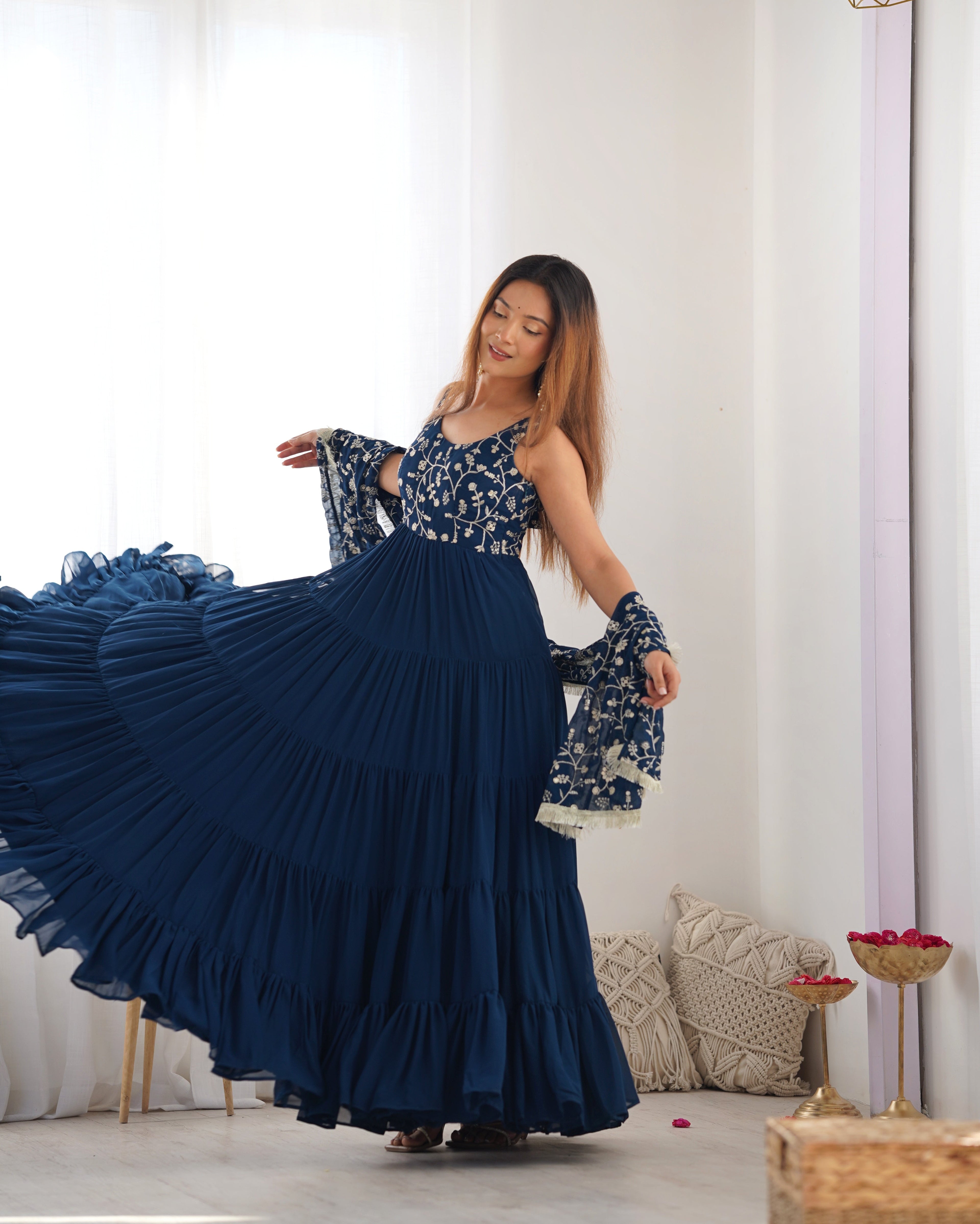 Designer Fox Georgette Anarkali Set – 12+ Mtr Flair with Embroidered Dupatta & Silk Pant