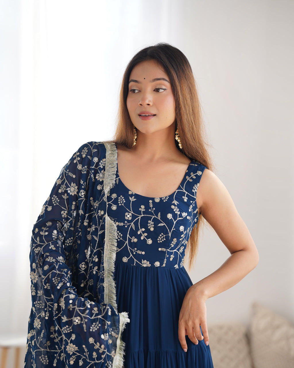 Designer Fox Georgette Anarkali Set – 12+ Mtr Flair with Embroidered Dupatta & Silk Pant