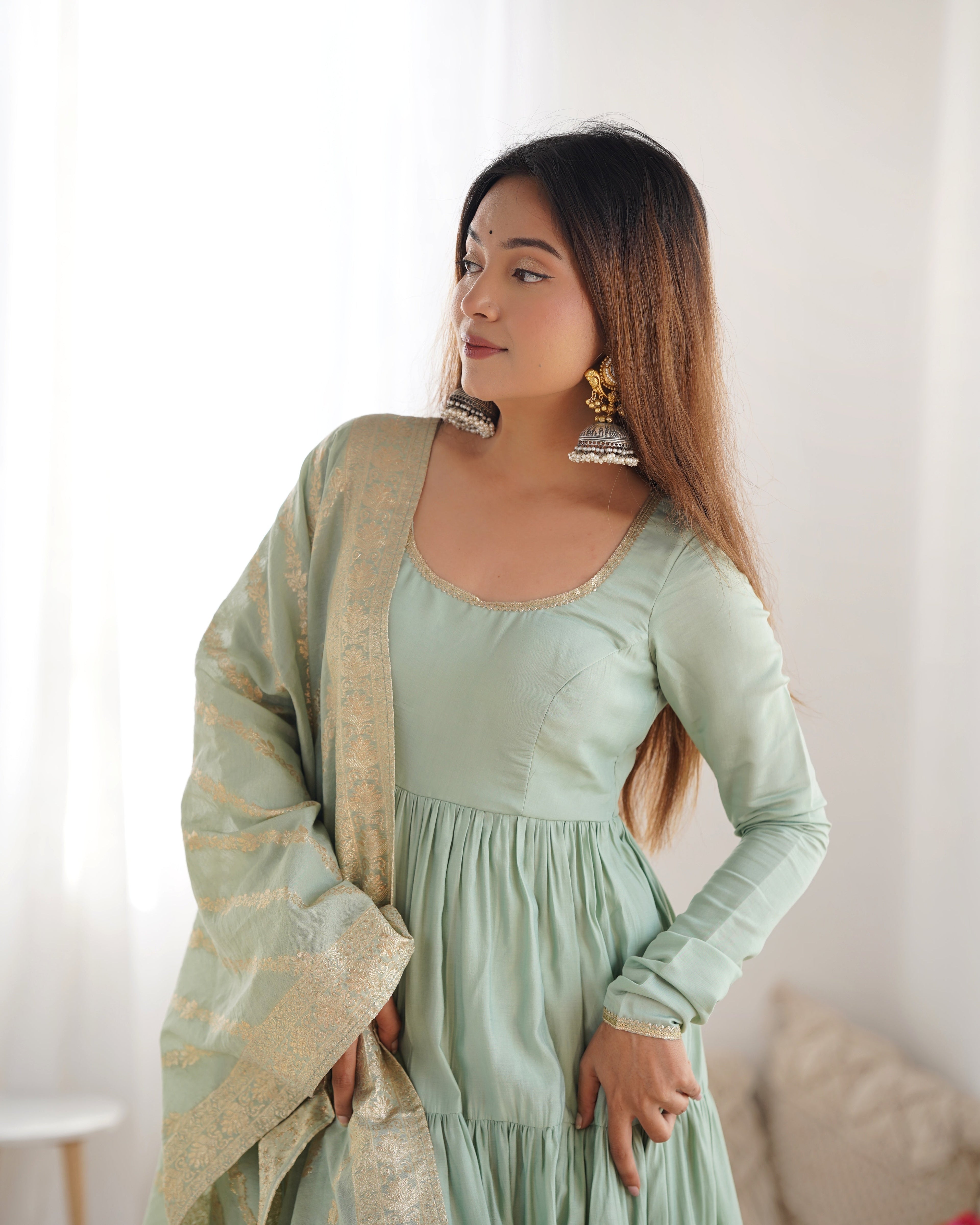 Luxury Roman Silk Chanderi Anarkali Set – 9+ Mtr Flair with Banarasi Dupatta & Pant