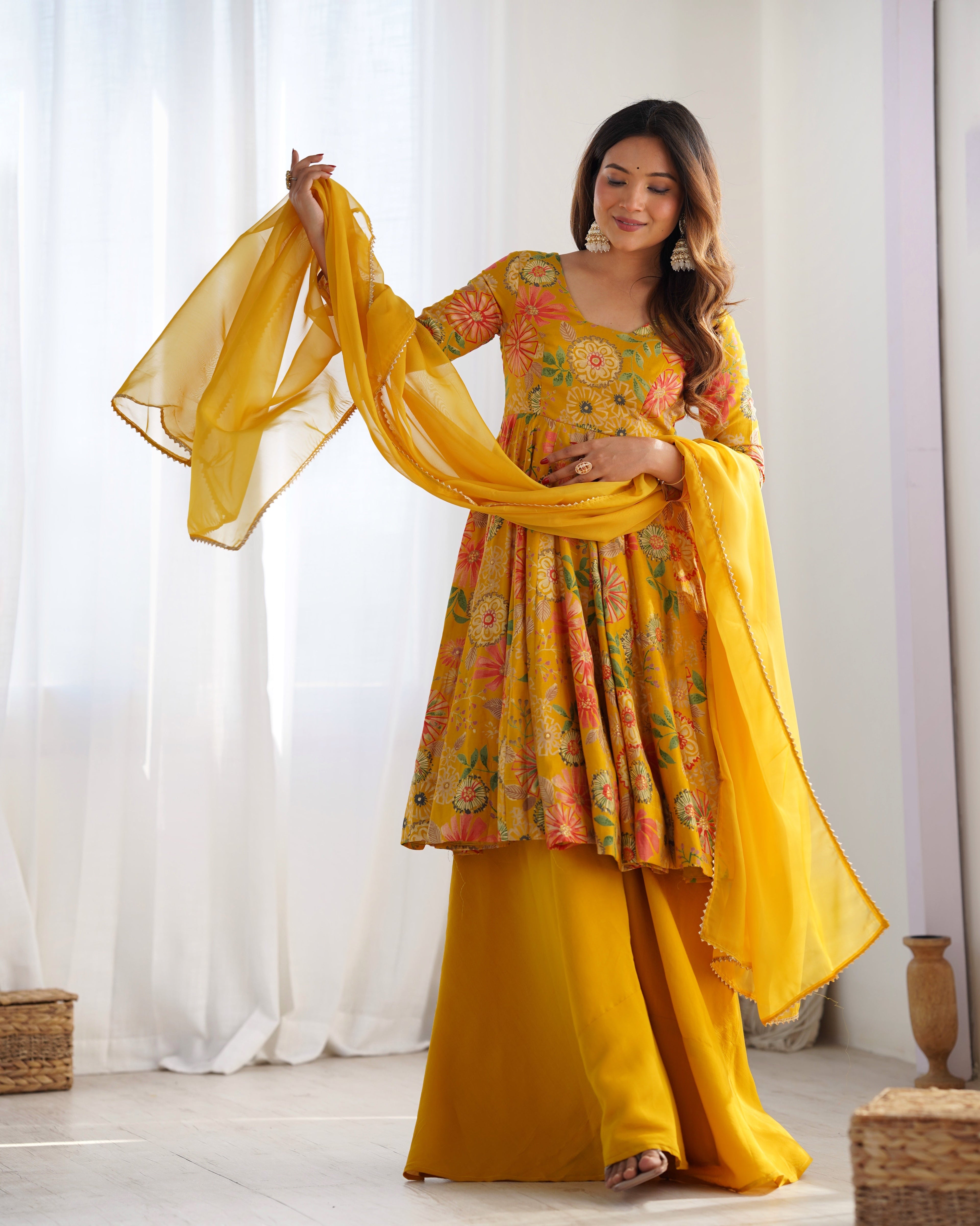 Mirmaya Yellow Designer Roman Silk Chanderi Kediya Kurta Set – 4 Mtr Flair with Organza Dupatta & Palazzo