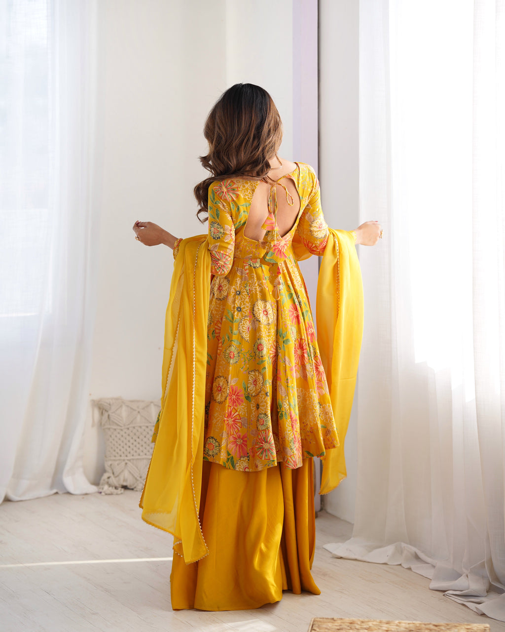 Mirmaya Yellow Designer Roman Silk Chanderi Kediya Kurta Set – 4 Mtr Flair with Organza Dupatta & Palazzo