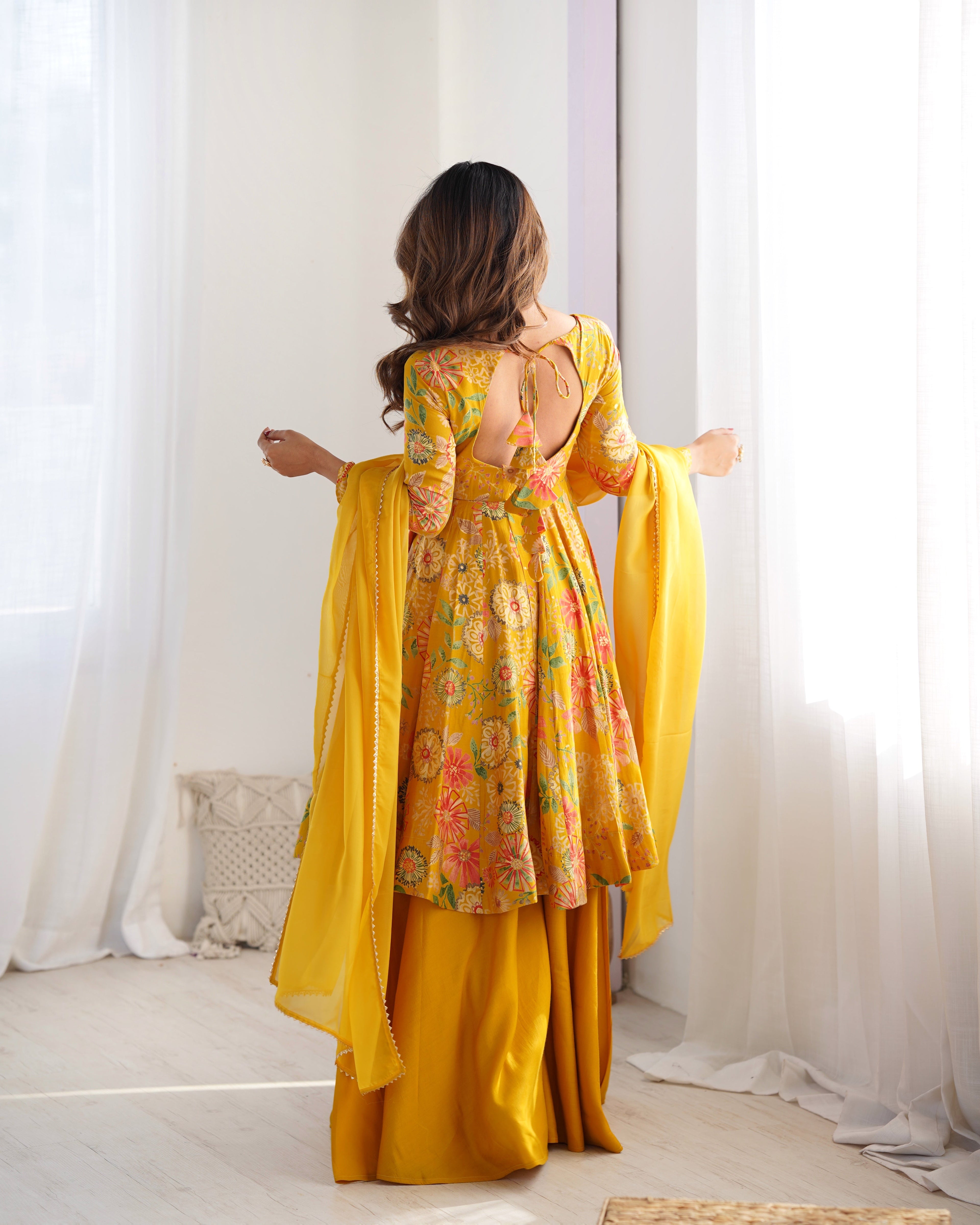 Mirmaya Yellow Designer Roman Silk Chanderi Kediya Kurta Set – 4 Mtr Flair with Organza Dupatta & Palazzo