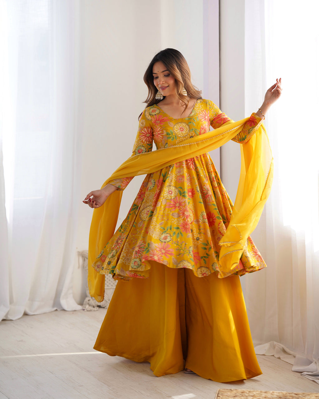 Mirmaya Yellow Designer Roman Silk Chanderi Kediya Kurta Set – 4 Mtr Flair with Organza Dupatta & Palazzo