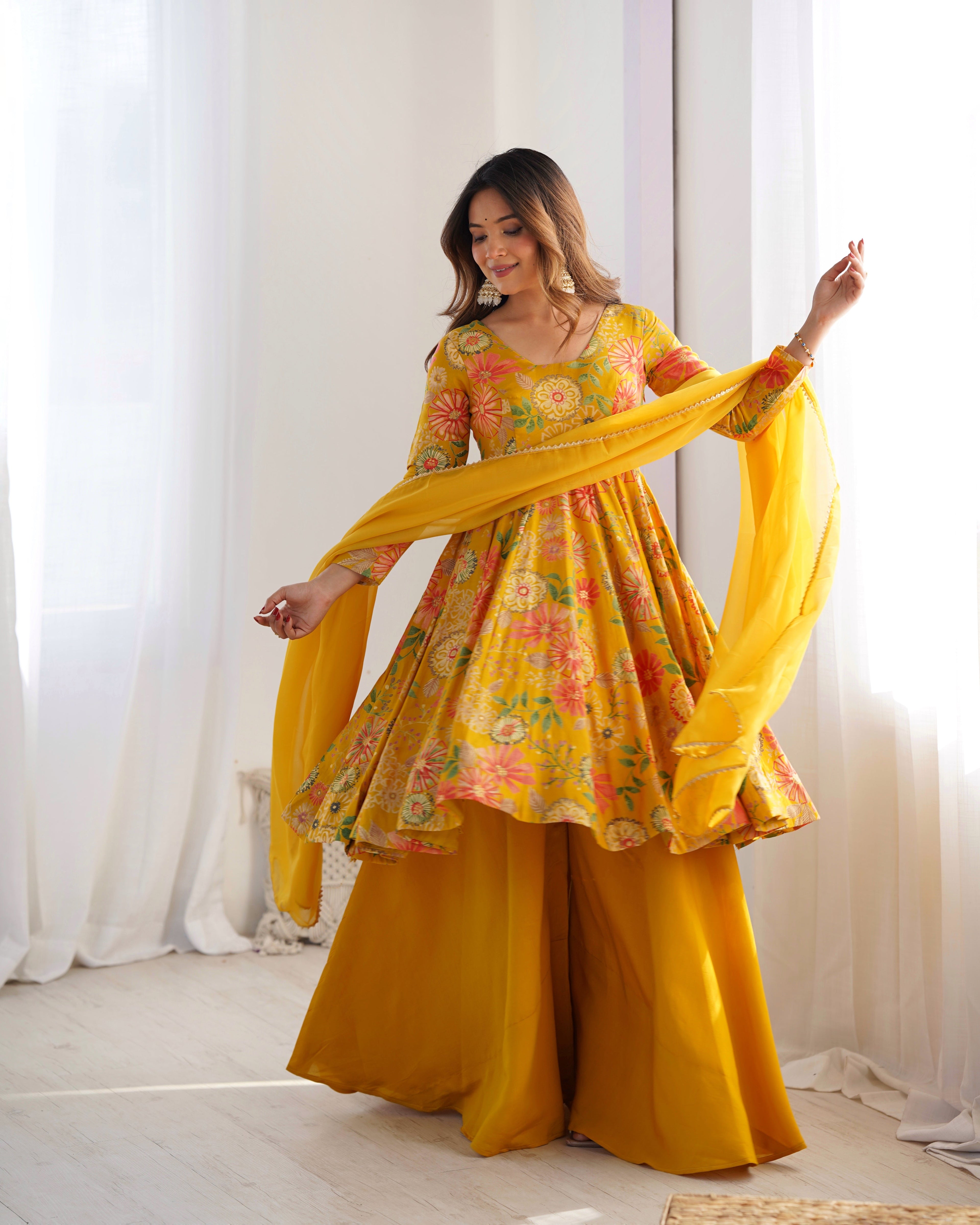 Mirmaya Yellow Designer Roman Silk Chanderi Kediya Kurta Set – 4 Mtr Flair with Organza Dupatta & Palazzo