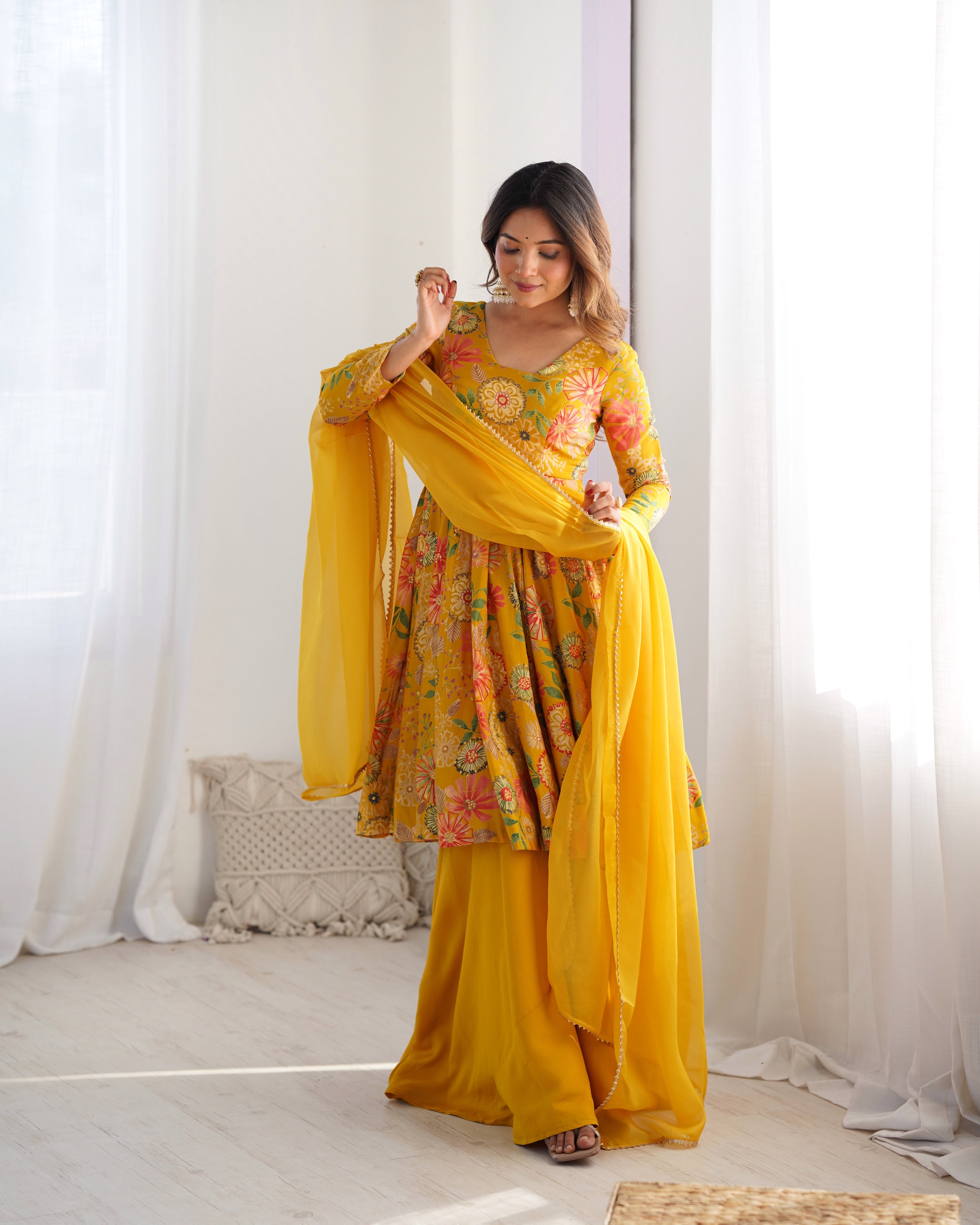 Mirmaya Yellow Designer Roman Silk Chanderi Kediya Kurta Set – 4 Mtr Flair with Organza Dupatta & Palazzo
