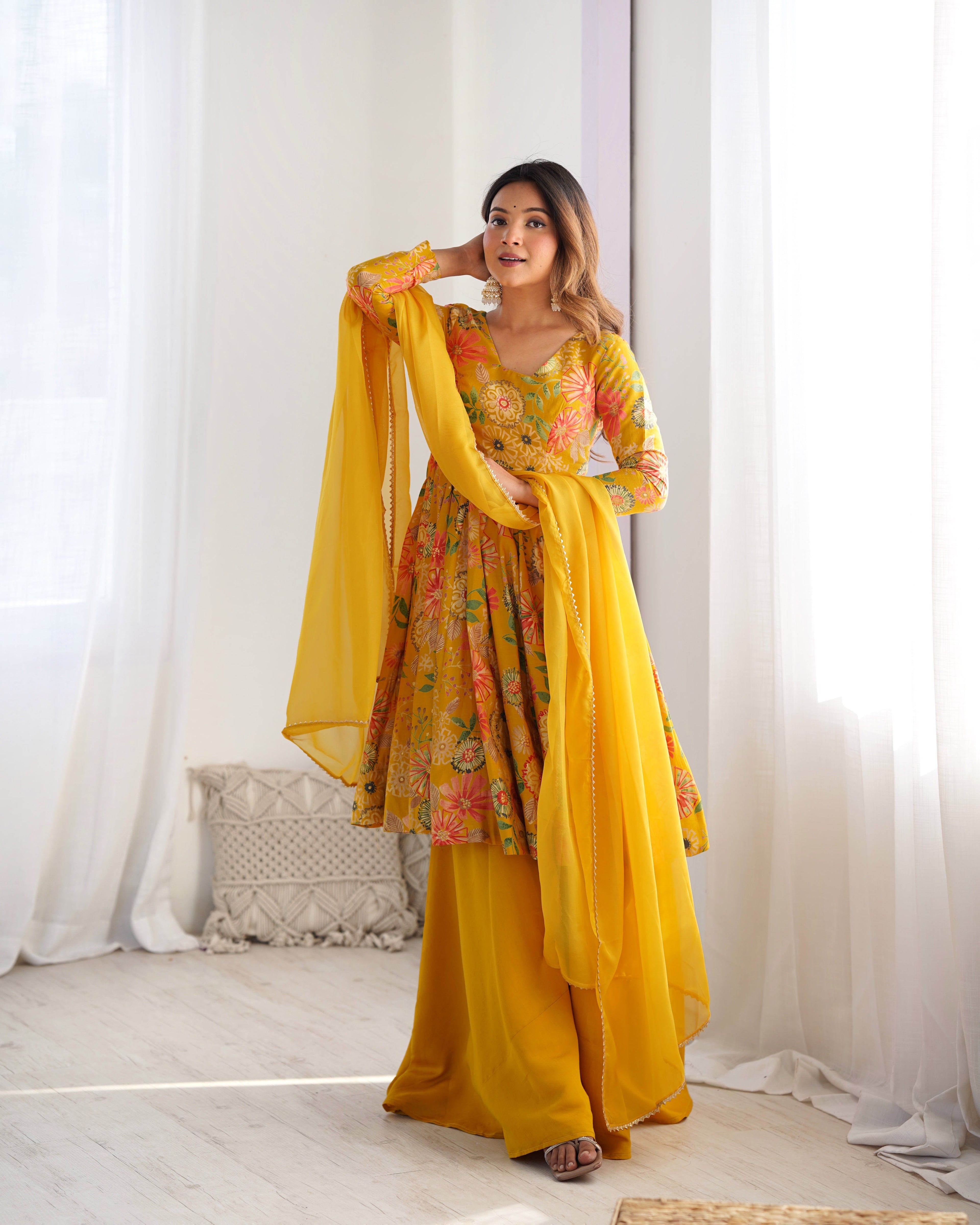 Mirmaya Yellow Designer Roman Silk Chanderi Kediya Kurta Set – 4 Mtr Flair with Organza Dupatta & Palazzo