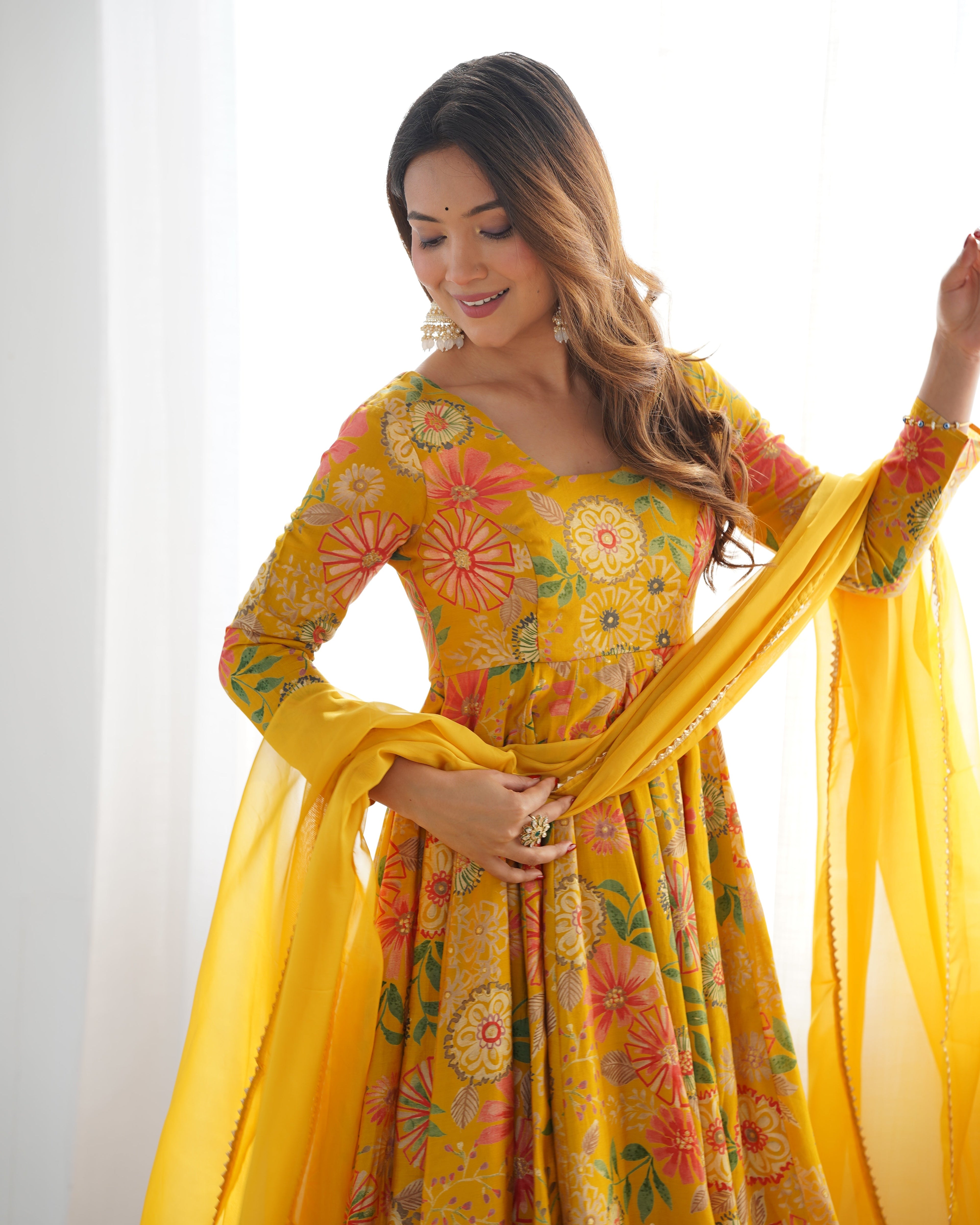 Mirmaya Yellow Designer Roman Silk Chanderi Kediya Kurta Set – 4 Mtr Flair with Organza Dupatta & Palazzo