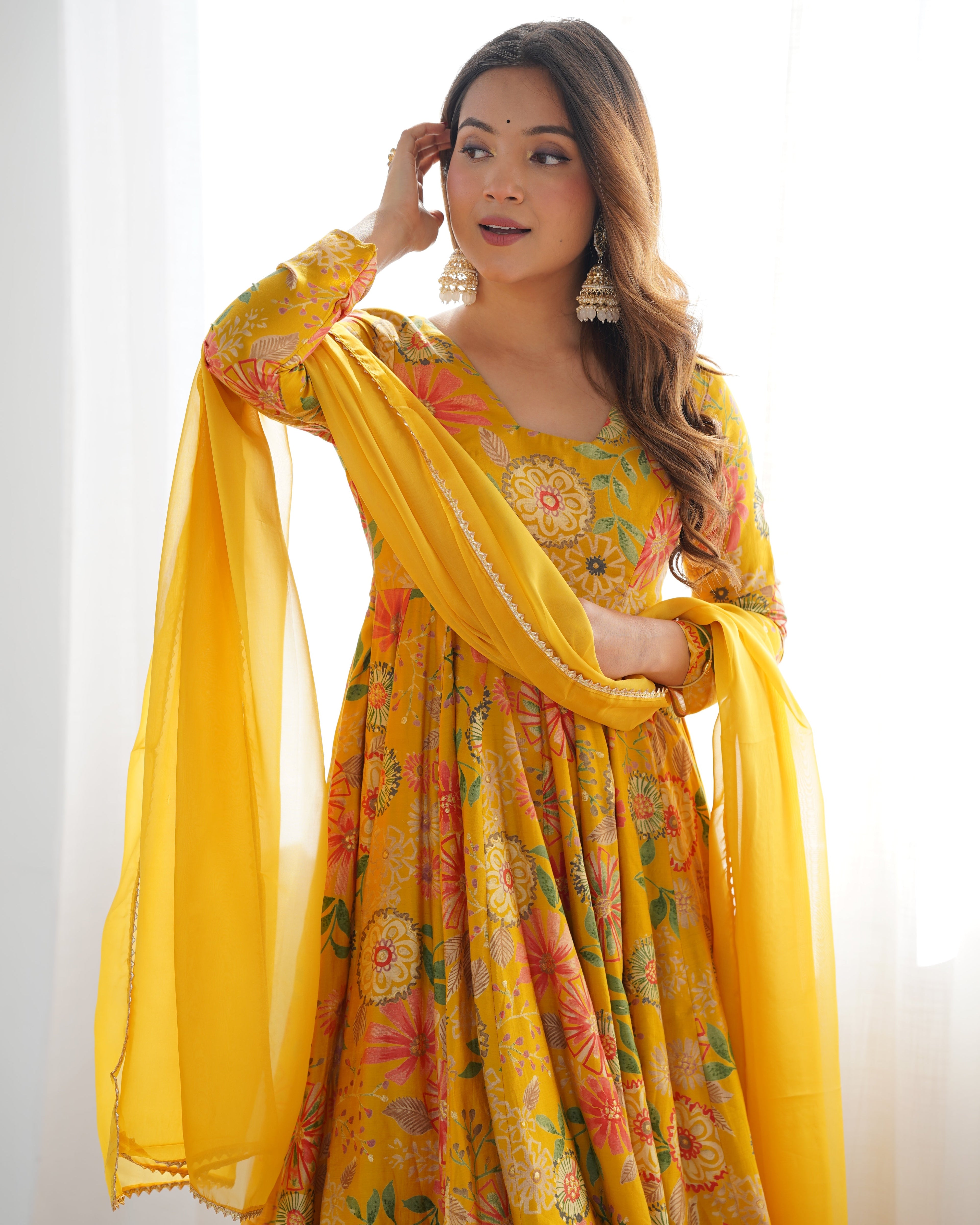 Mirmaya Yellow Designer Roman Silk Chanderi Kediya Kurta Set – 4 Mtr Flair with Organza Dupatta & Palazzo