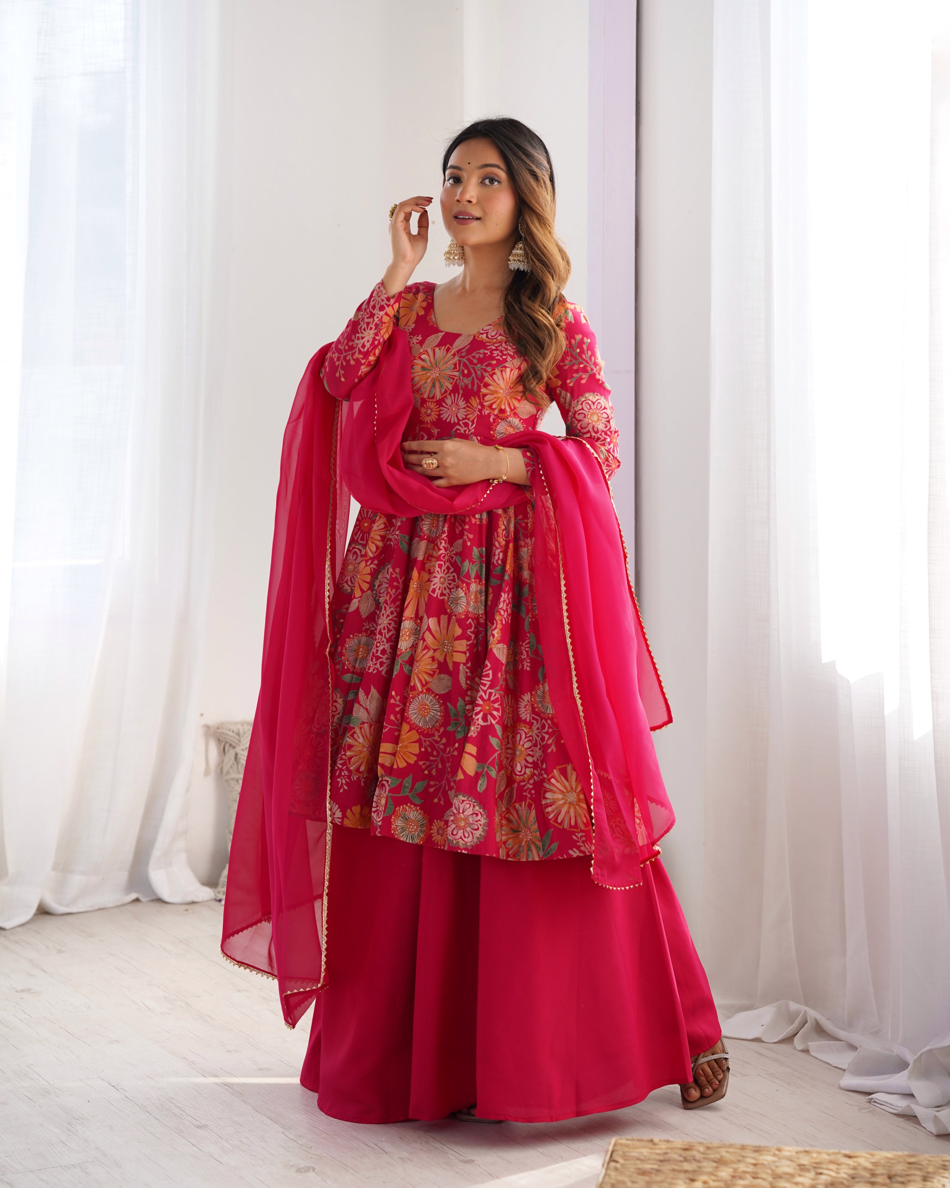 Pink Designer Roman Silk Chanderi Kediya Kurta Set – 4 Mtr Flair with Organza Dupatta & Palazzo