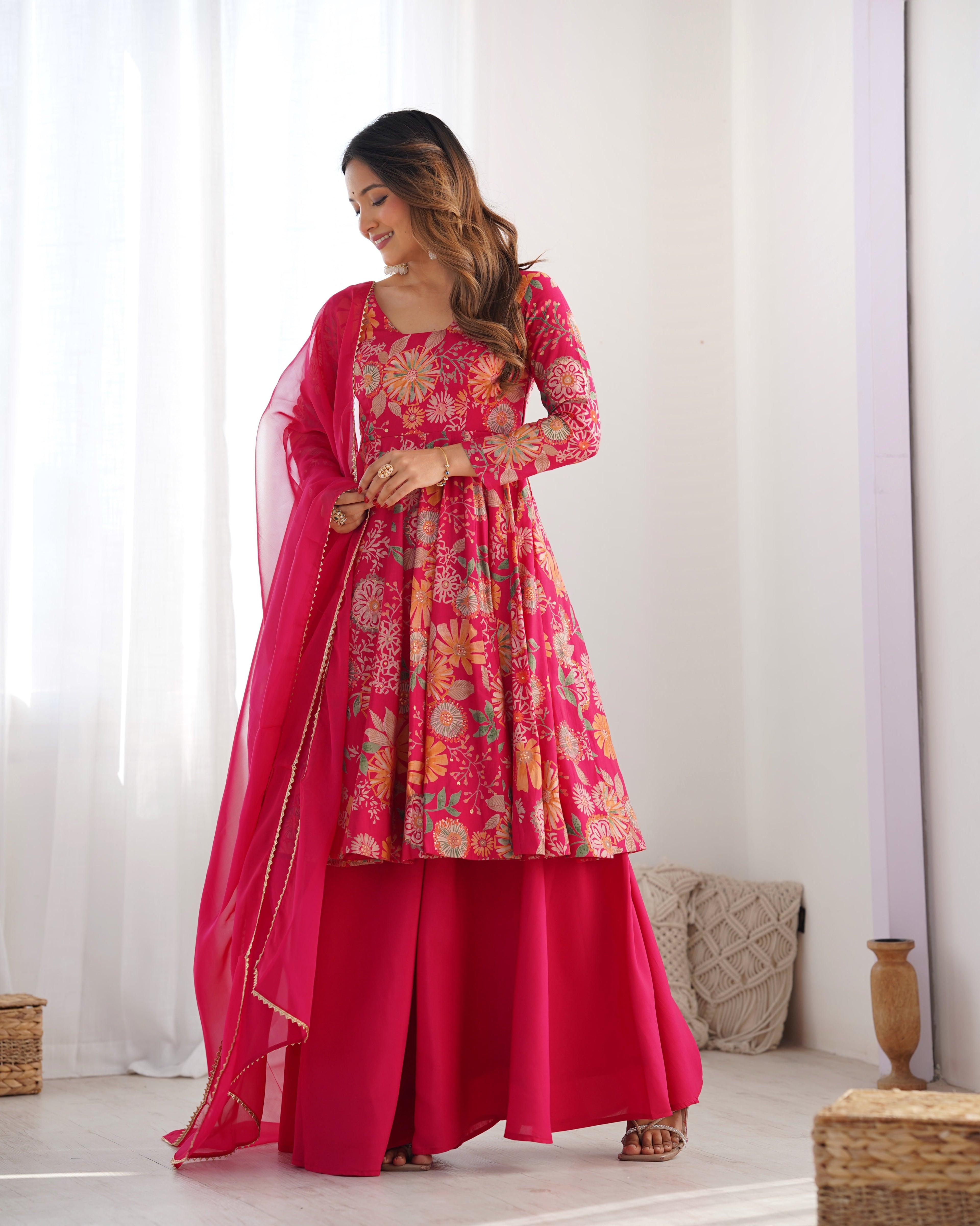 Pink Designer Roman Silk Chanderi Kediya Kurta Set – 4 Mtr Flair with Organza Dupatta & Palazzo