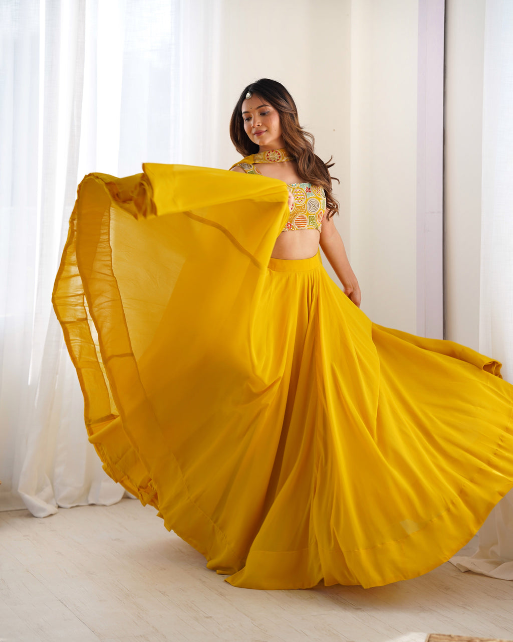 Mirmaya Yellow Designer Fox Georgette Lehenga Set – 8 Mtr Flair with Embroidered Blouse & Neck Belt Dupatta