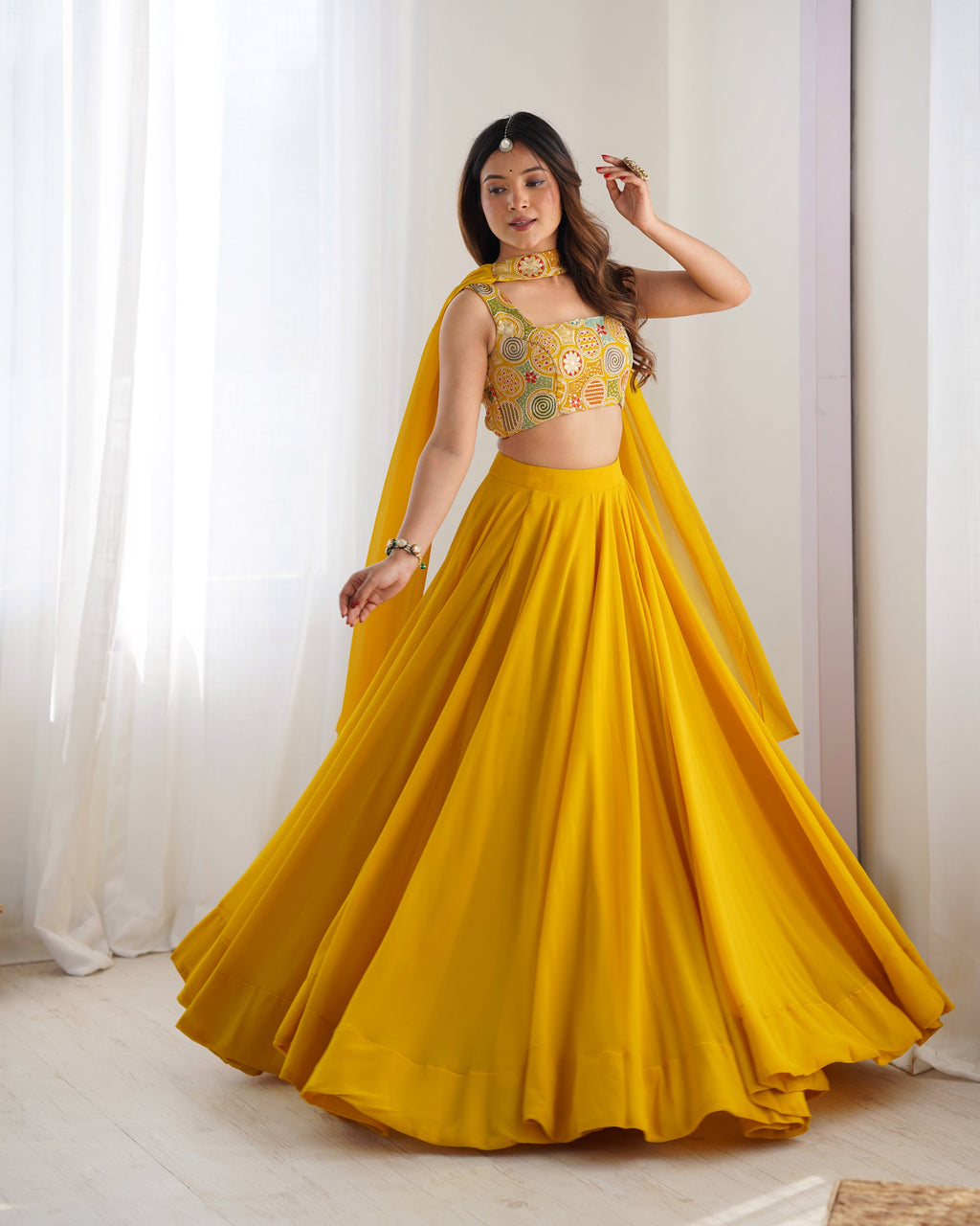 Mirmaya Yellow Designer Fox Georgette Lehenga Set – 8 Mtr Flair with Embroidered Blouse & Neck Belt Dupatta