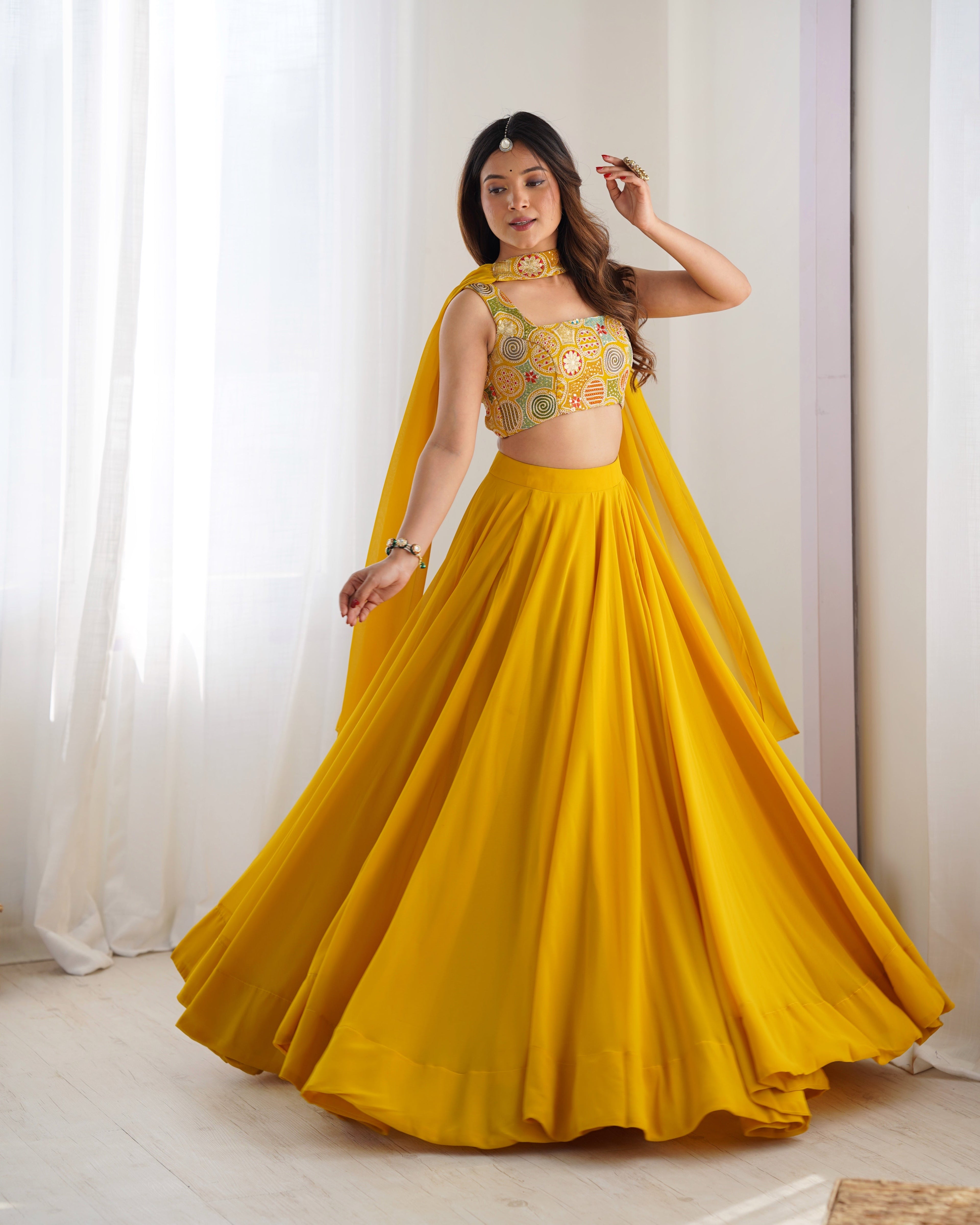 Mirmaya Yellow Designer Fox Georgette Lehenga Set – 8 Mtr Flair with Embroidered Blouse & Neck Belt Dupatta
