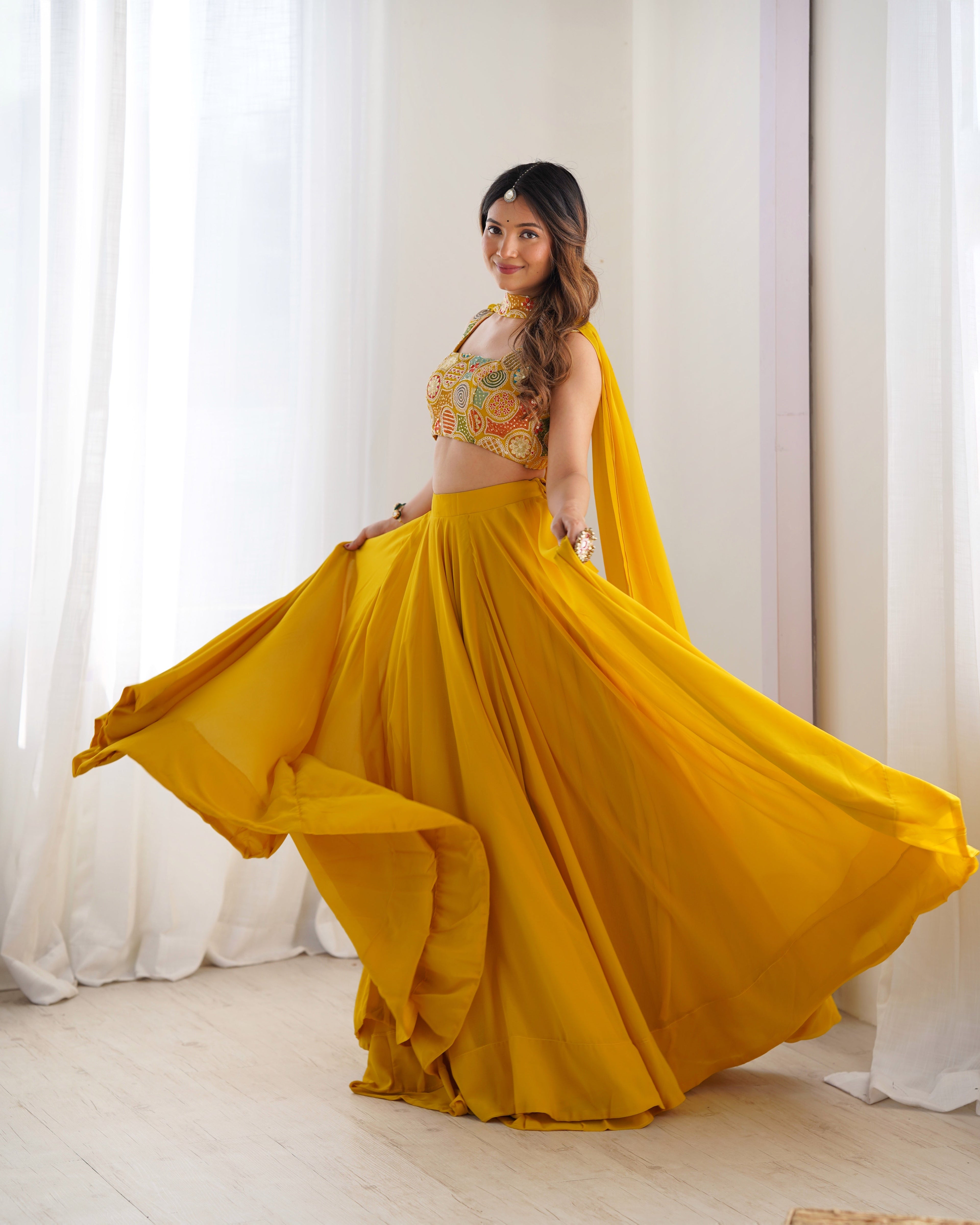 Mirmaya Yellow Designer Fox Georgette Lehenga Set – 8 Mtr Flair with Embroidered Blouse & Neck Belt Dupatta