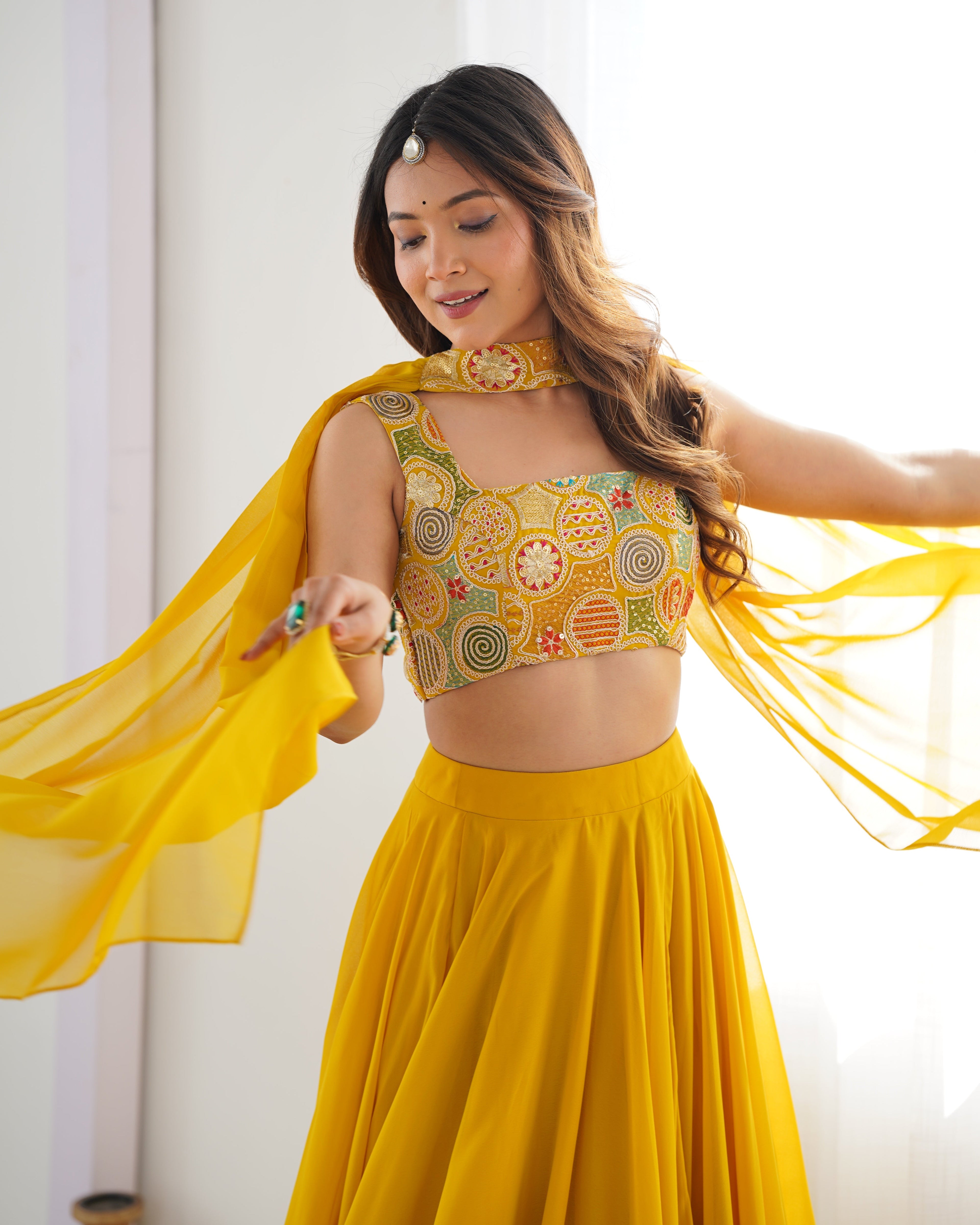 Mirmaya Yellow Designer Fox Georgette Lehenga Set – 8 Mtr Flair with Embroidered Blouse & Neck Belt Dupatta