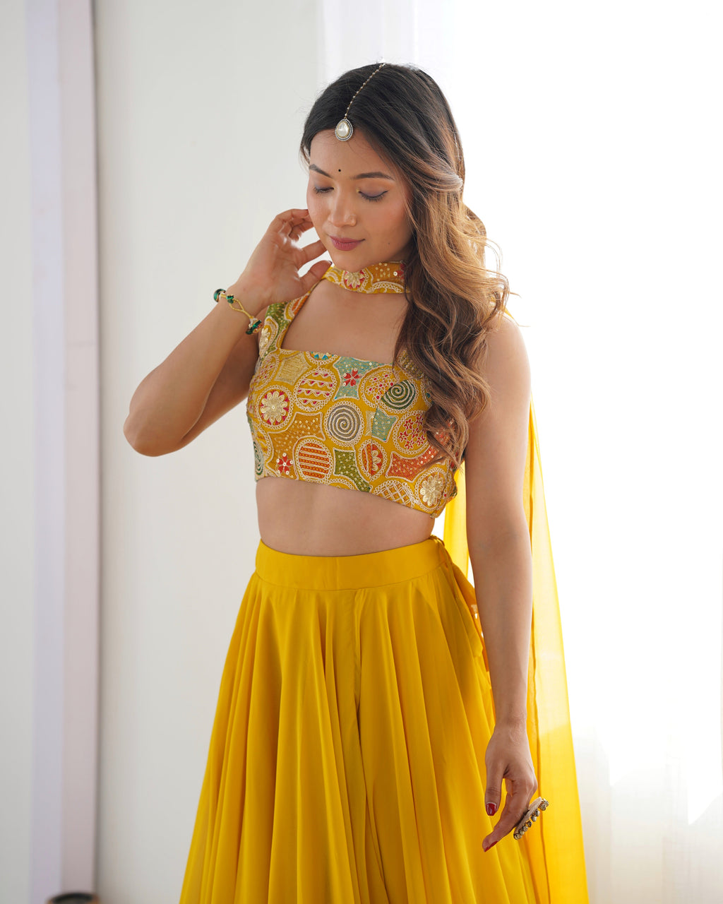 Mirmaya Yellow Designer Fox Georgette Lehenga Set – 8 Mtr Flair with Embroidered Blouse & Neck Belt Dupatta