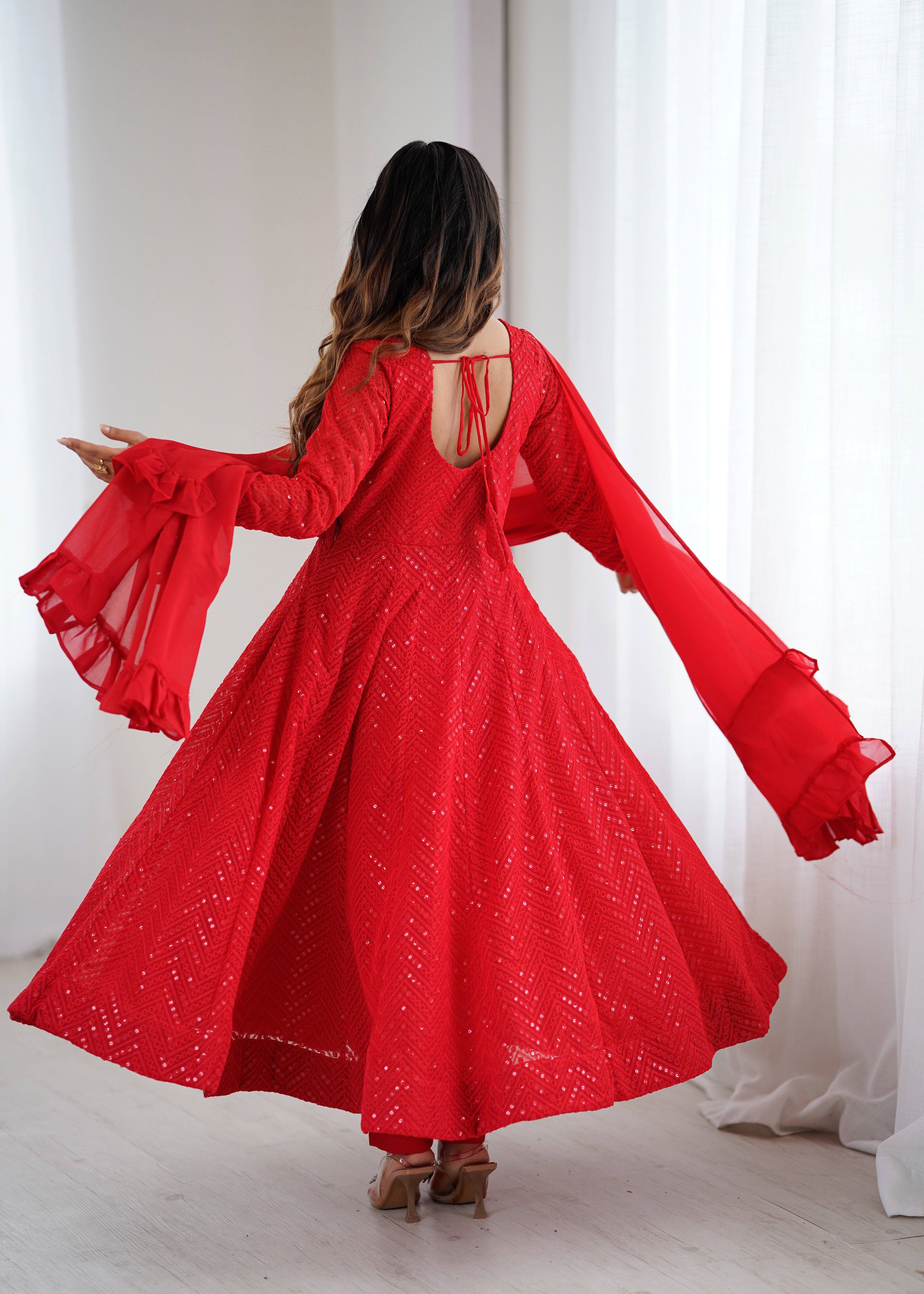 Red Color New Arrival Designer Georgette Lucknowi Sequence Work Anarkali Set
