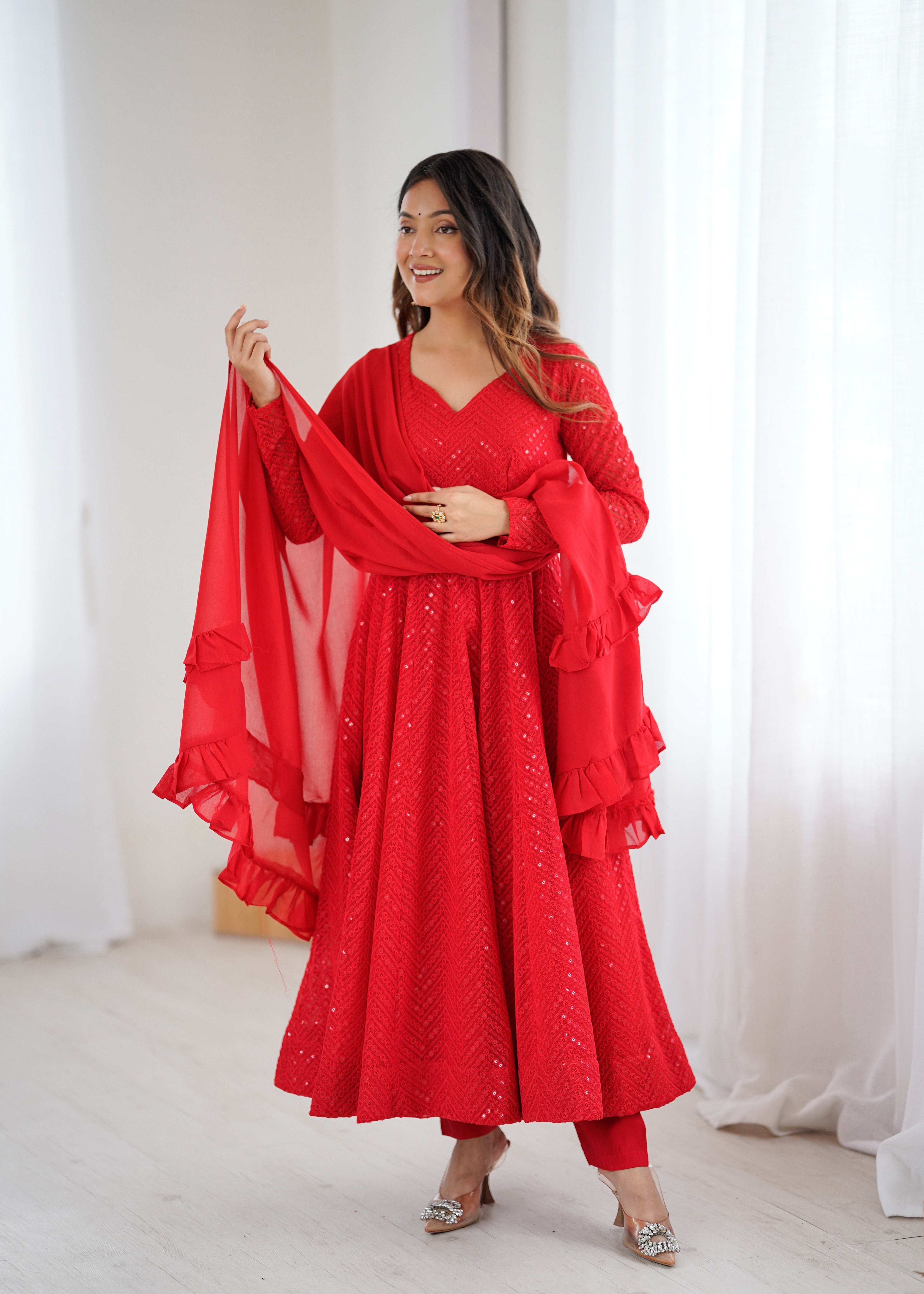 Red Color New Arrival Designer Georgette Lucknowi Sequence Work Anarkali Set