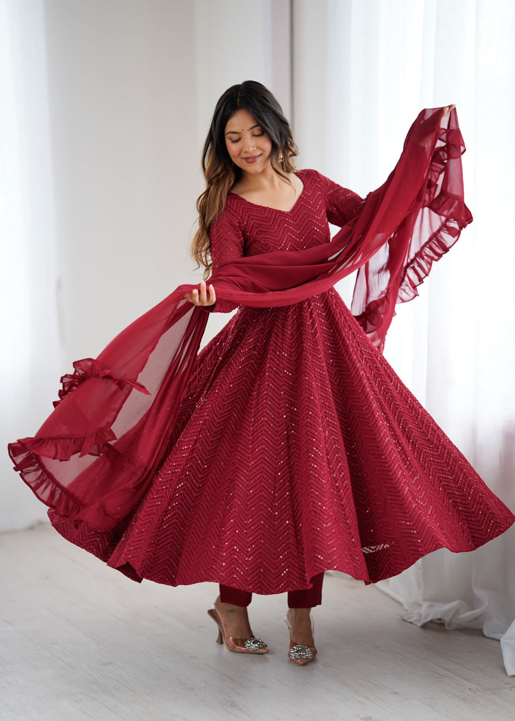 Red Premium Lucknowi Sequin Work Anarkali Set