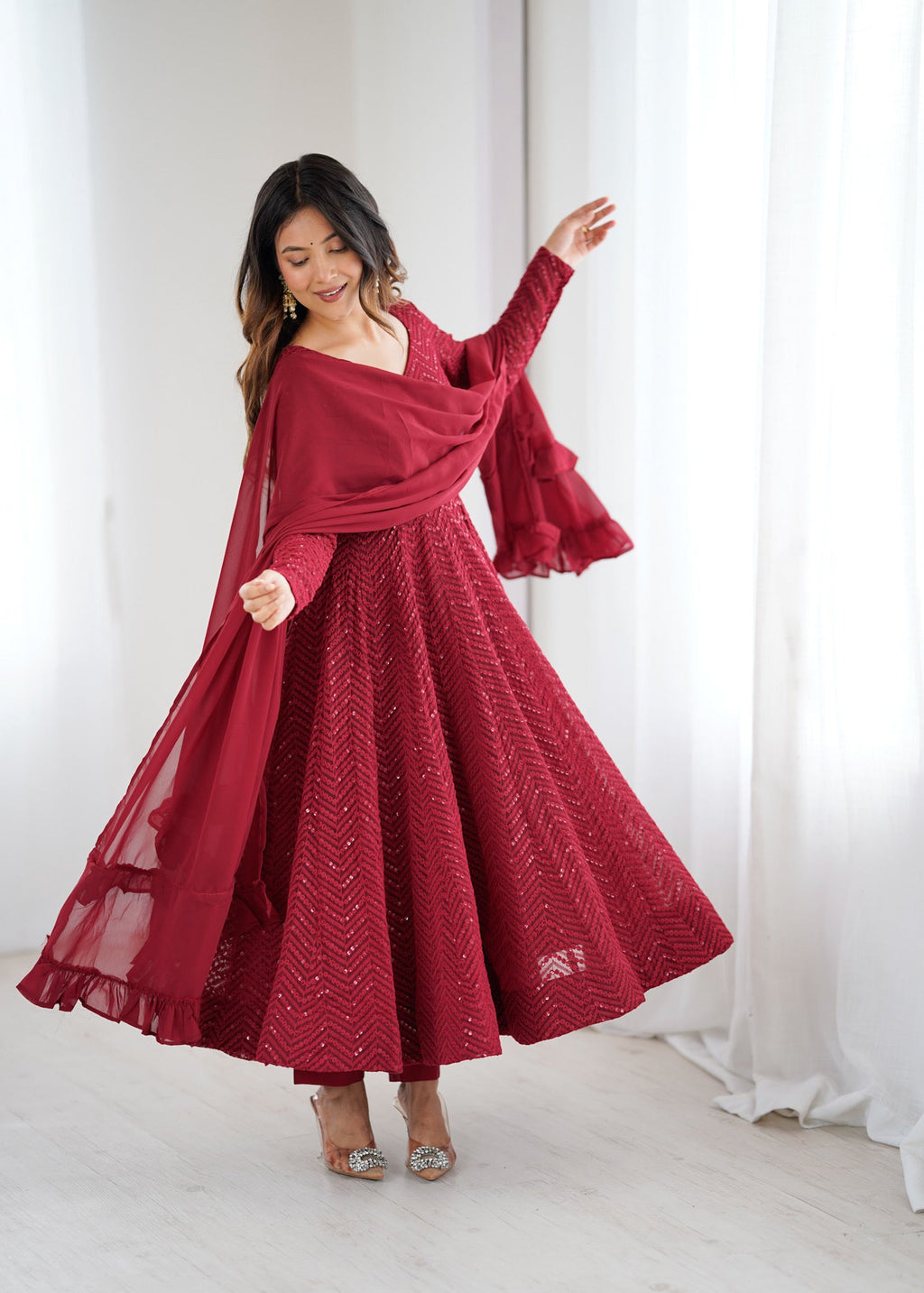Red Premium Lucknowi Sequin Work Anarkali Set