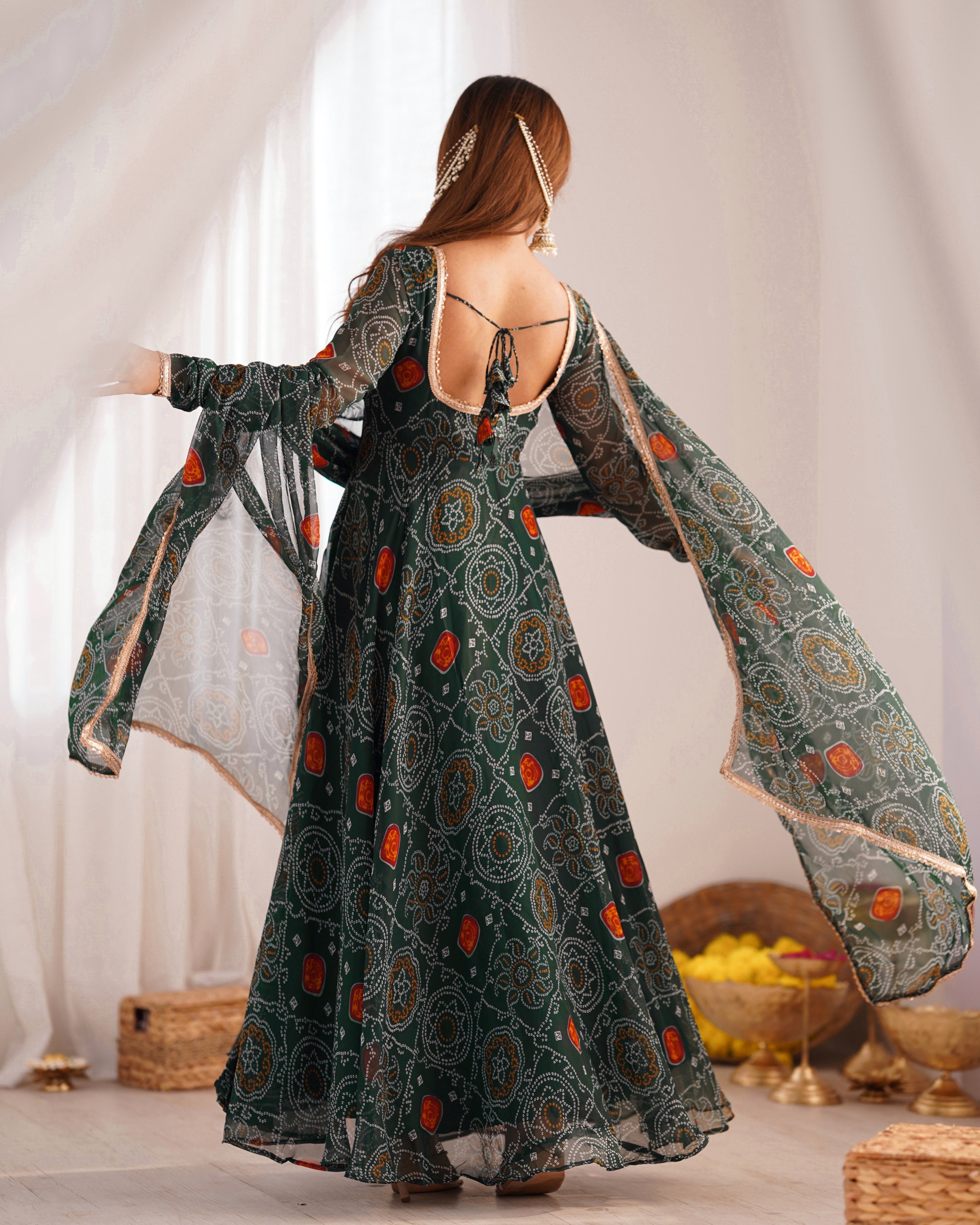 Lightweight Chiffon Bandhej Anarkali Set – 8 Mtr Flair with Lace Dupatta & Cotton Pant