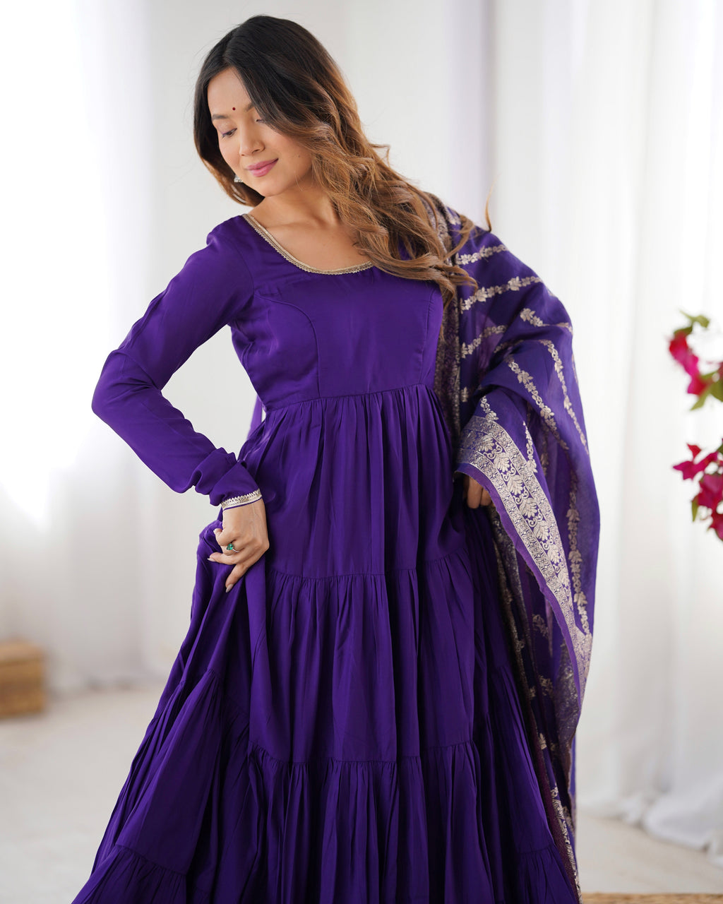 Purple Premium Pure Roman Silk Chanderi Anarkali Set