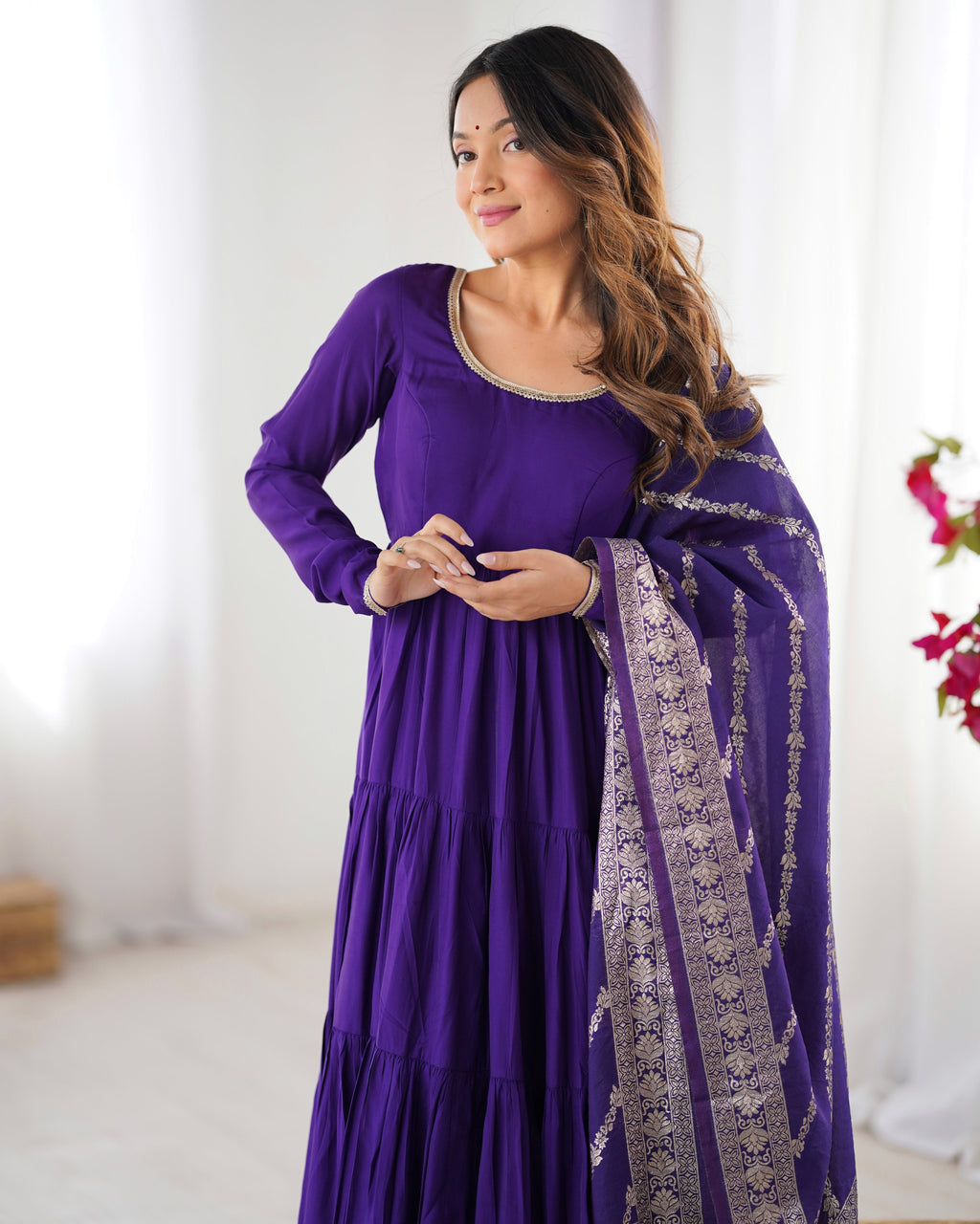 Purple Premium Pure Roman Silk Chanderi Anarkali Set