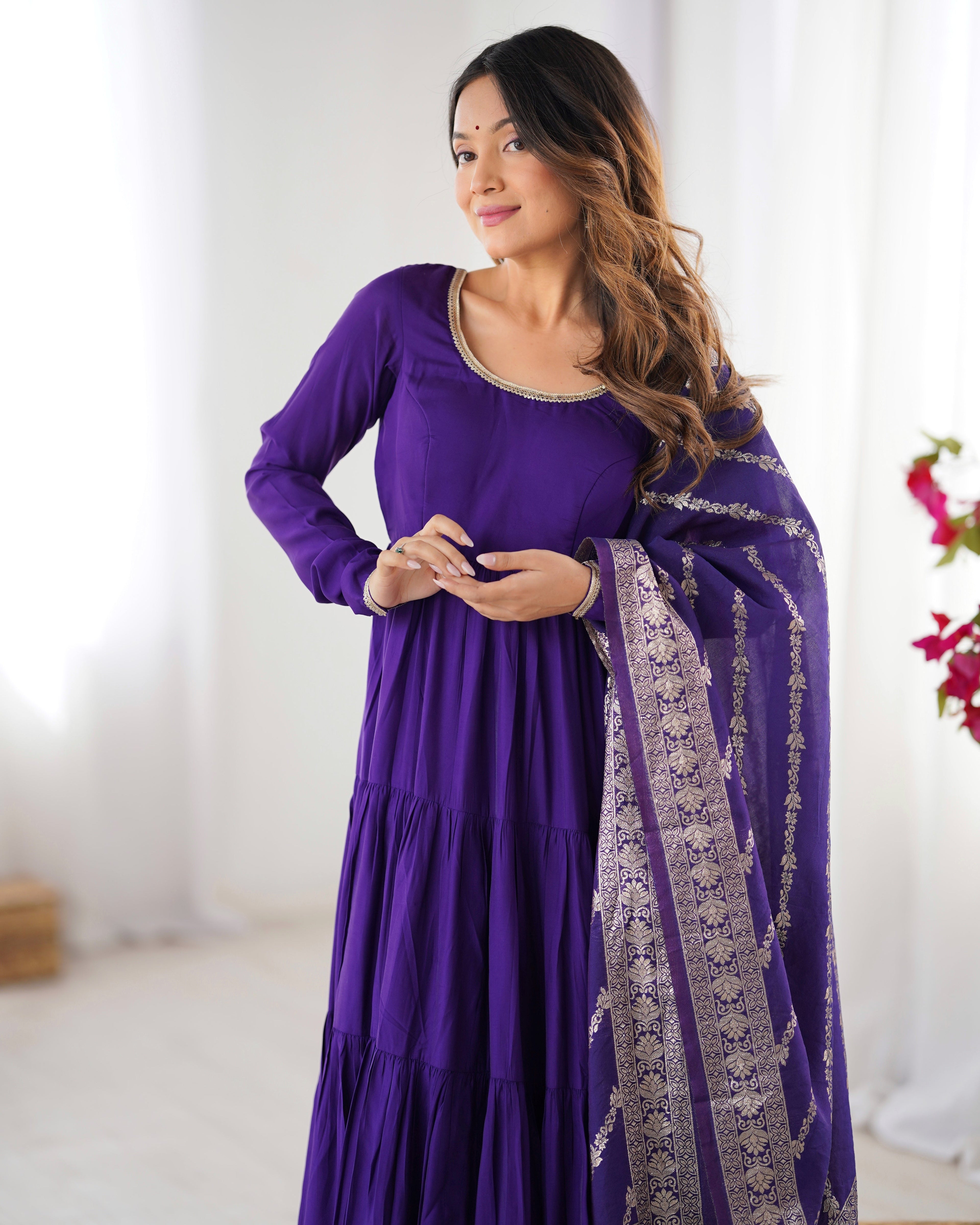 Purple Premium Pure Roman Silk Chanderi Anarkali Set