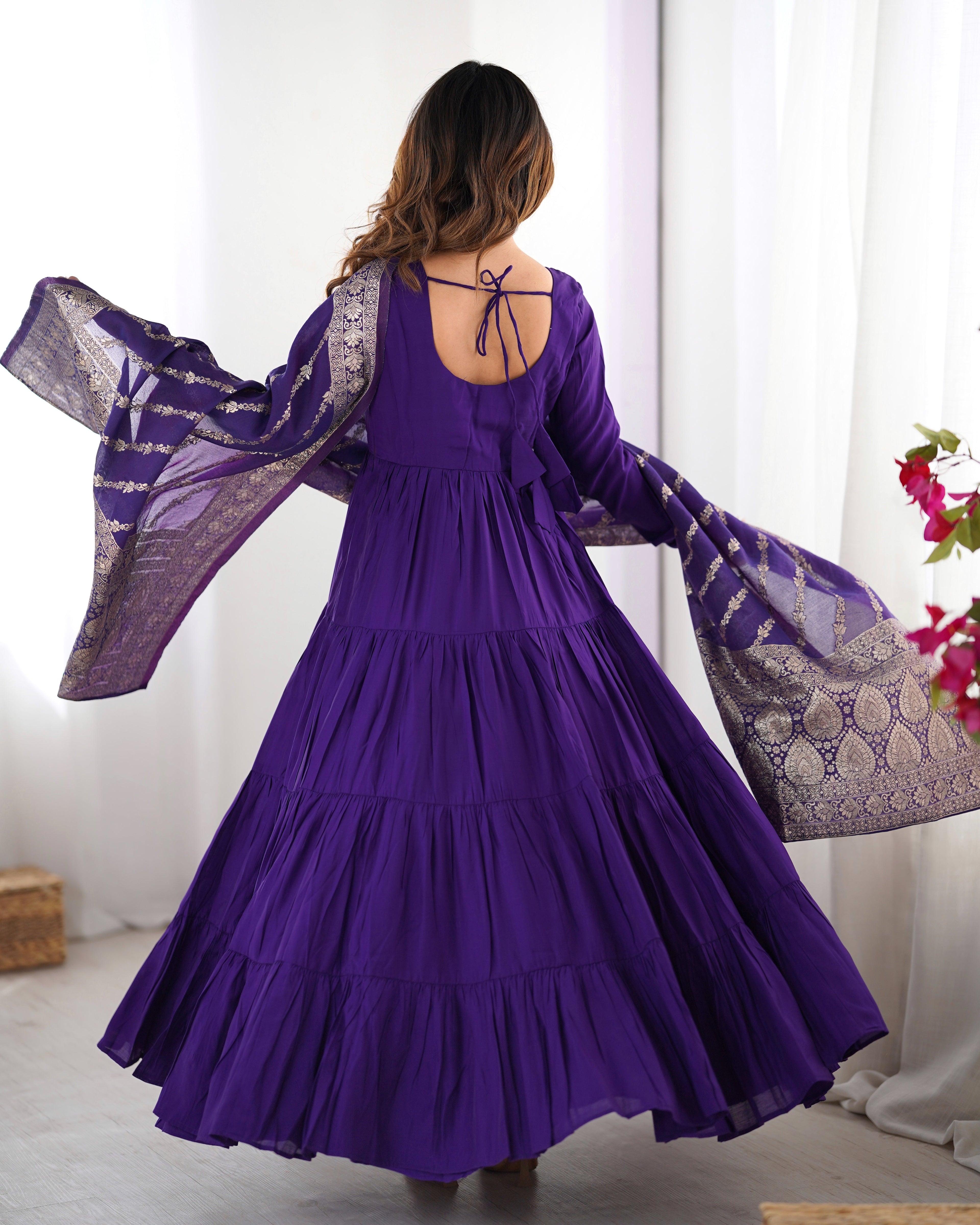 Purple Premium Pure Roman Silk Chanderi Anarkali Set