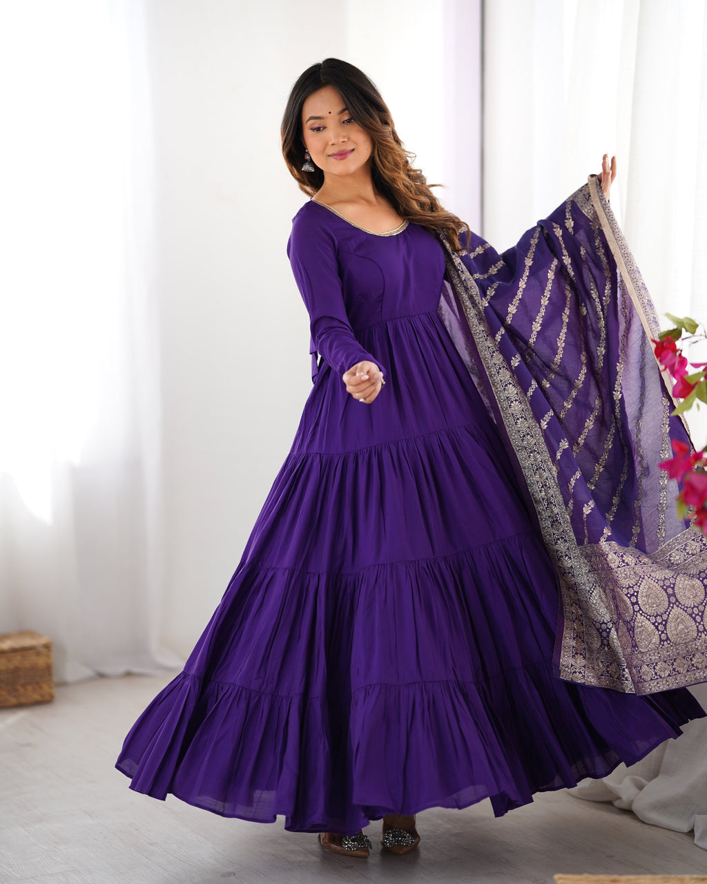 Purple Premium Pure Roman Silk Chanderi Anarkali Set