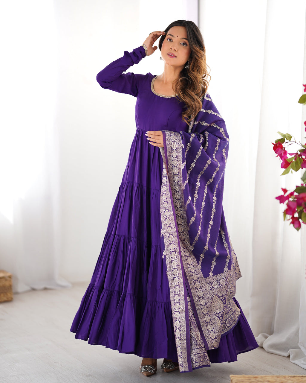 Purple Premium Pure Roman Silk Chanderi Anarkali Set