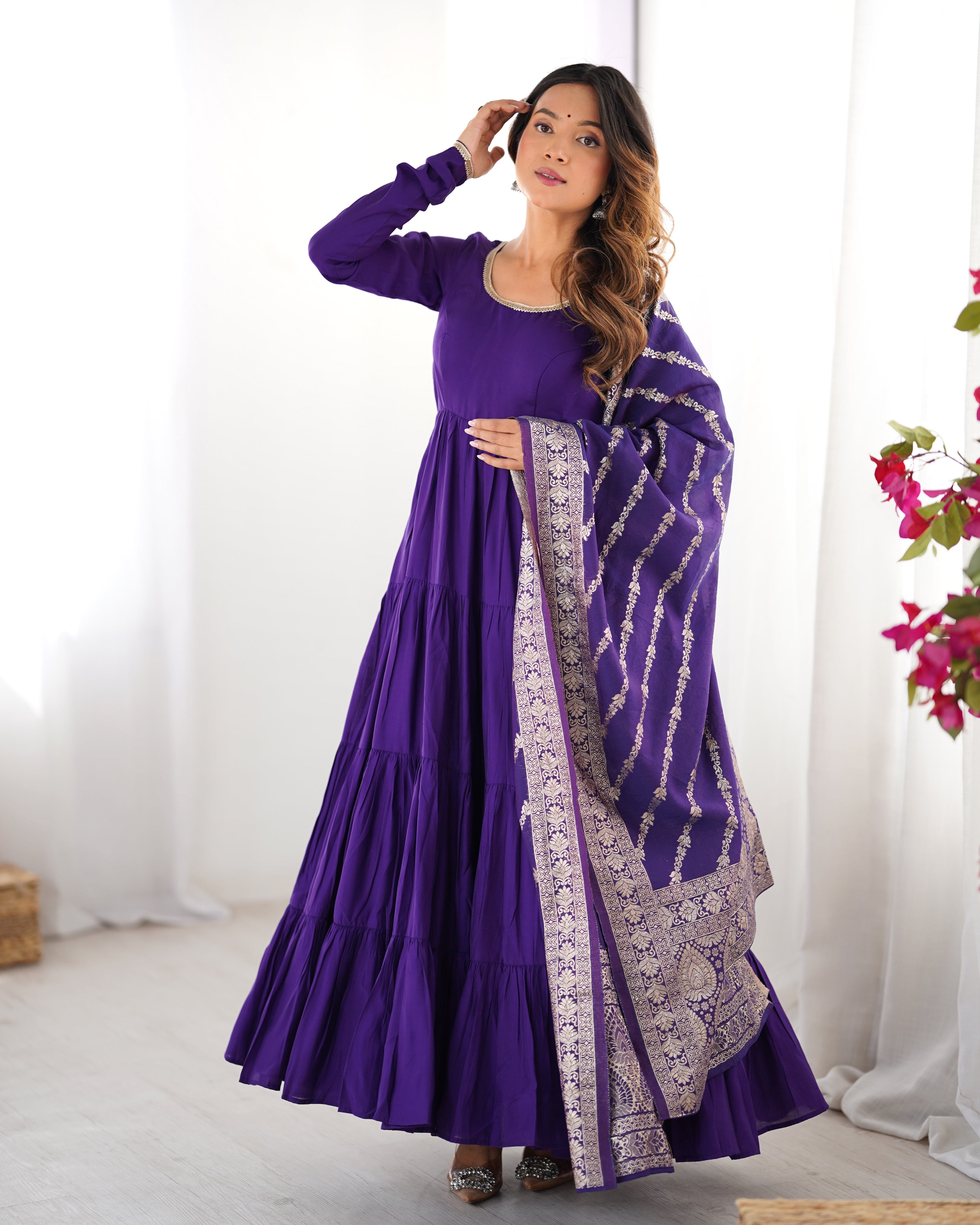 Purple Premium Pure Roman Silk Chanderi Anarkali Set