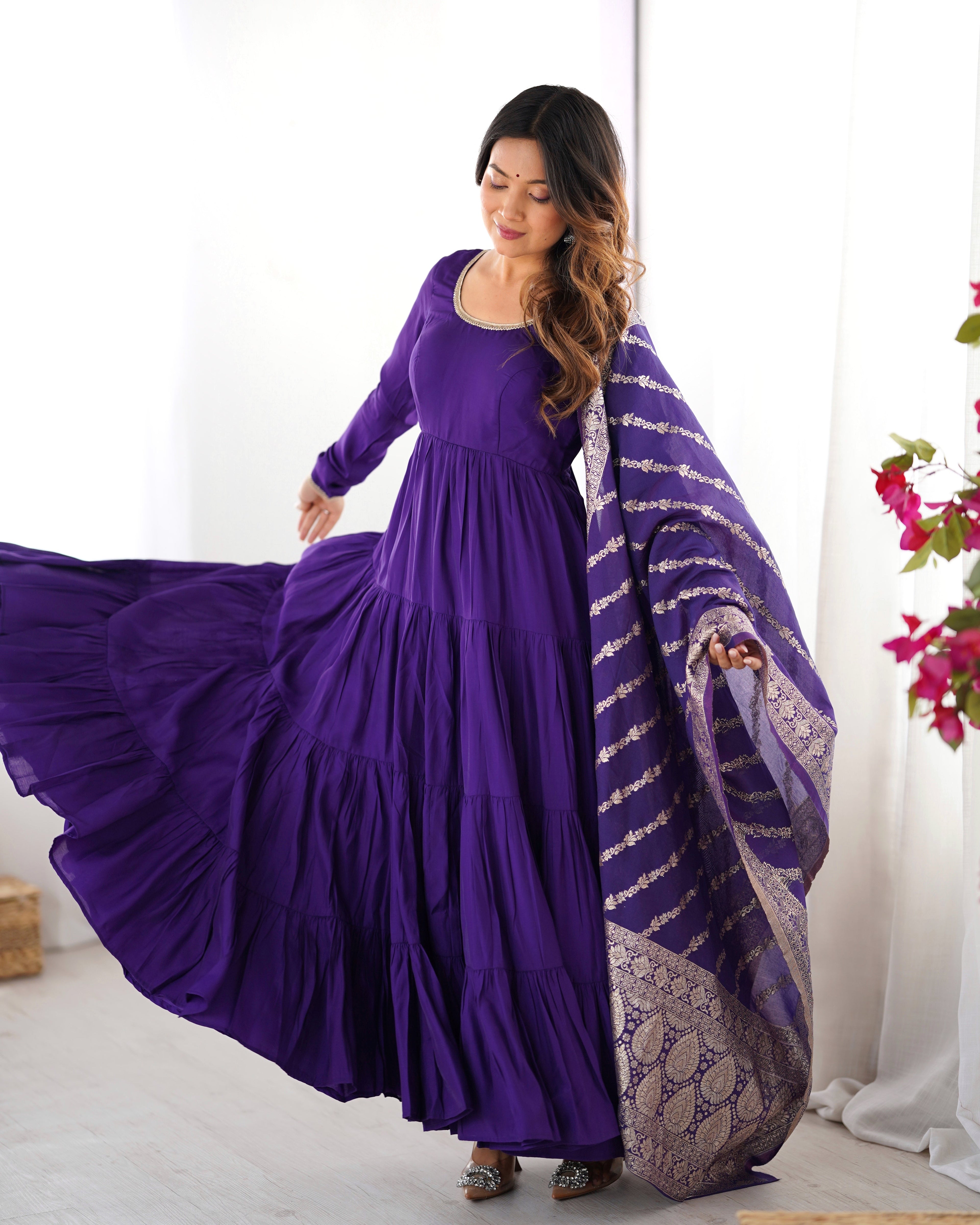 Purple Premium Pure Roman Silk Chanderi Anarkali Set