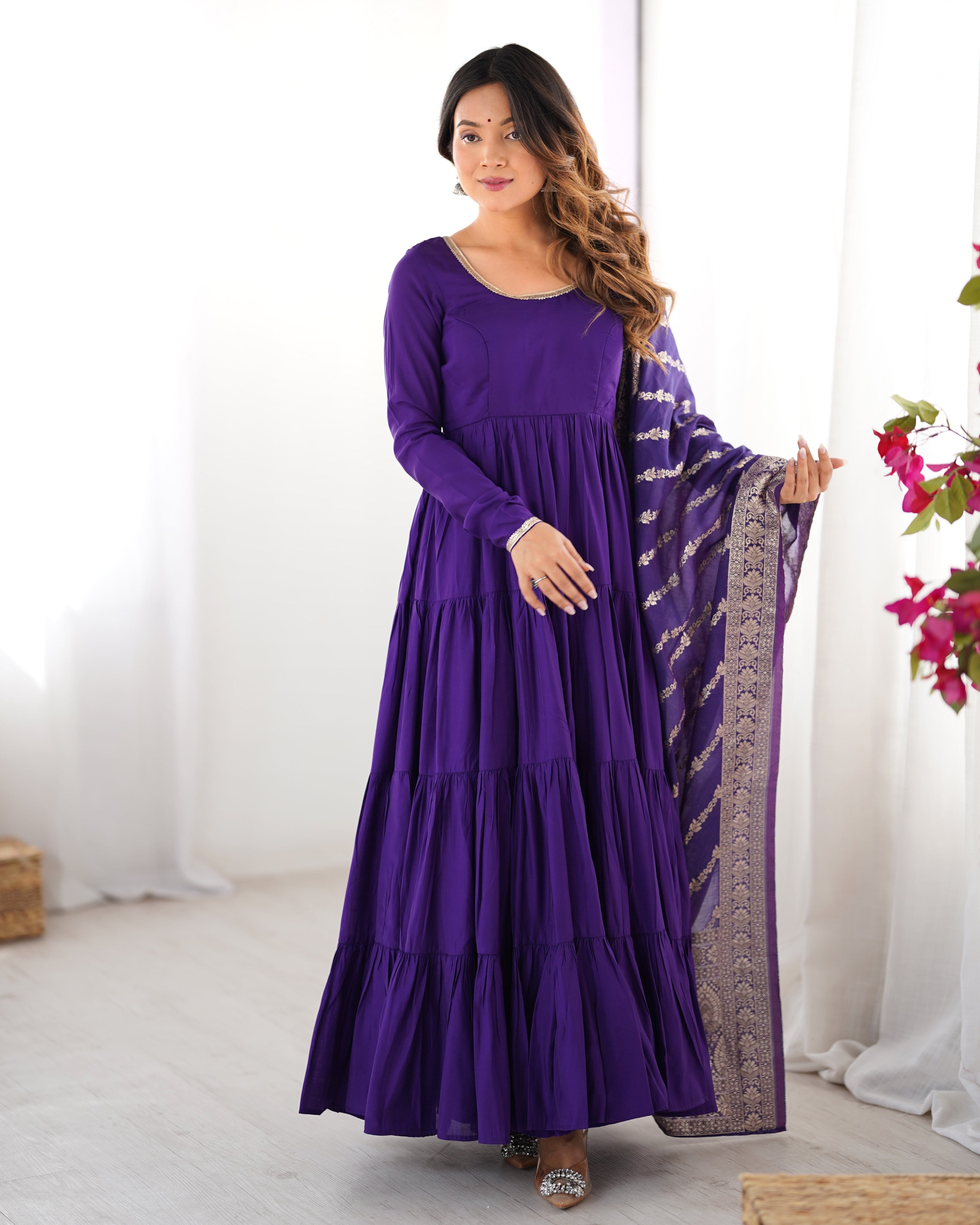 Purple Premium Pure Roman Silk Chanderi Anarkali Set