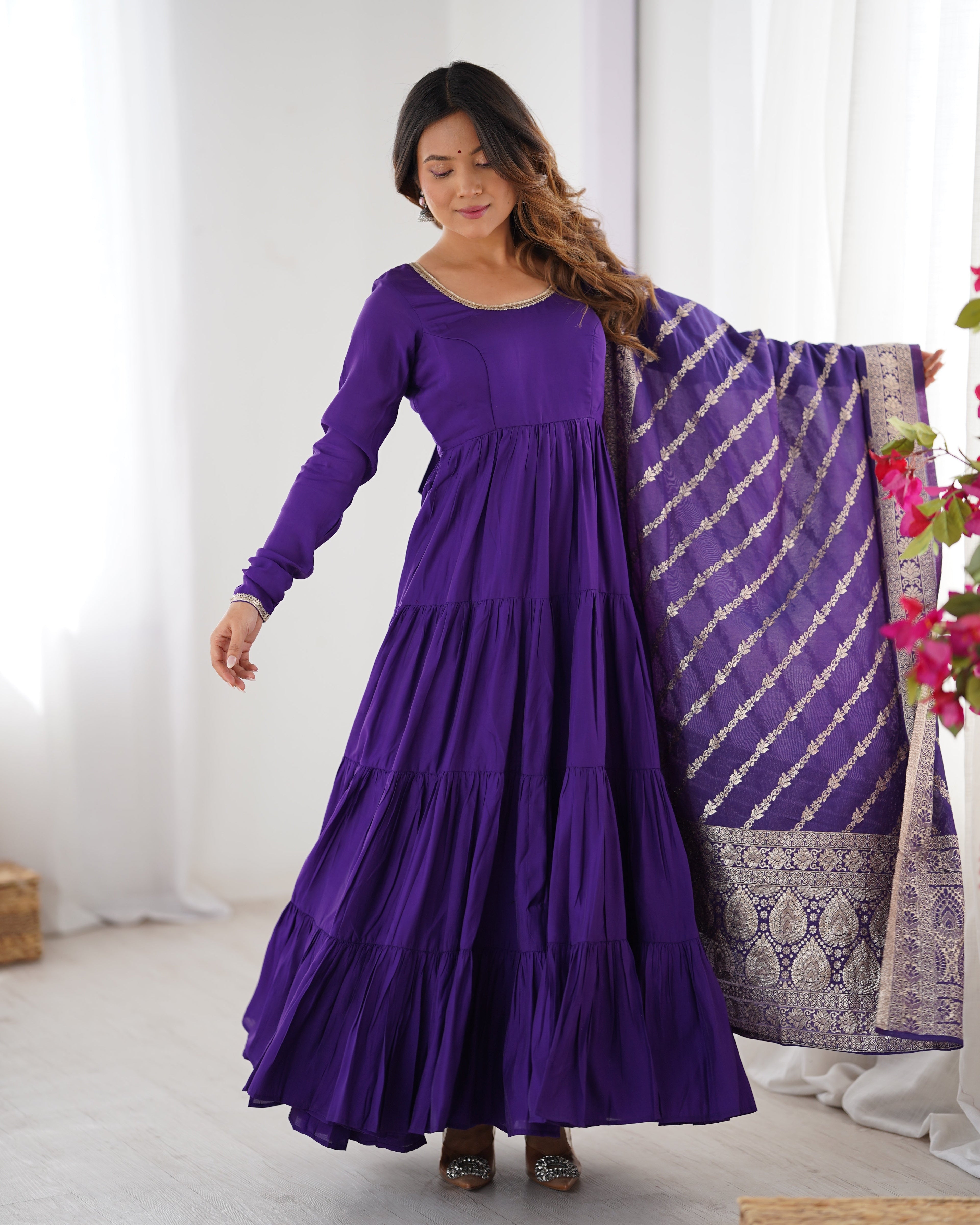 Purple Premium Pure Roman Silk Chanderi Anarkali Set