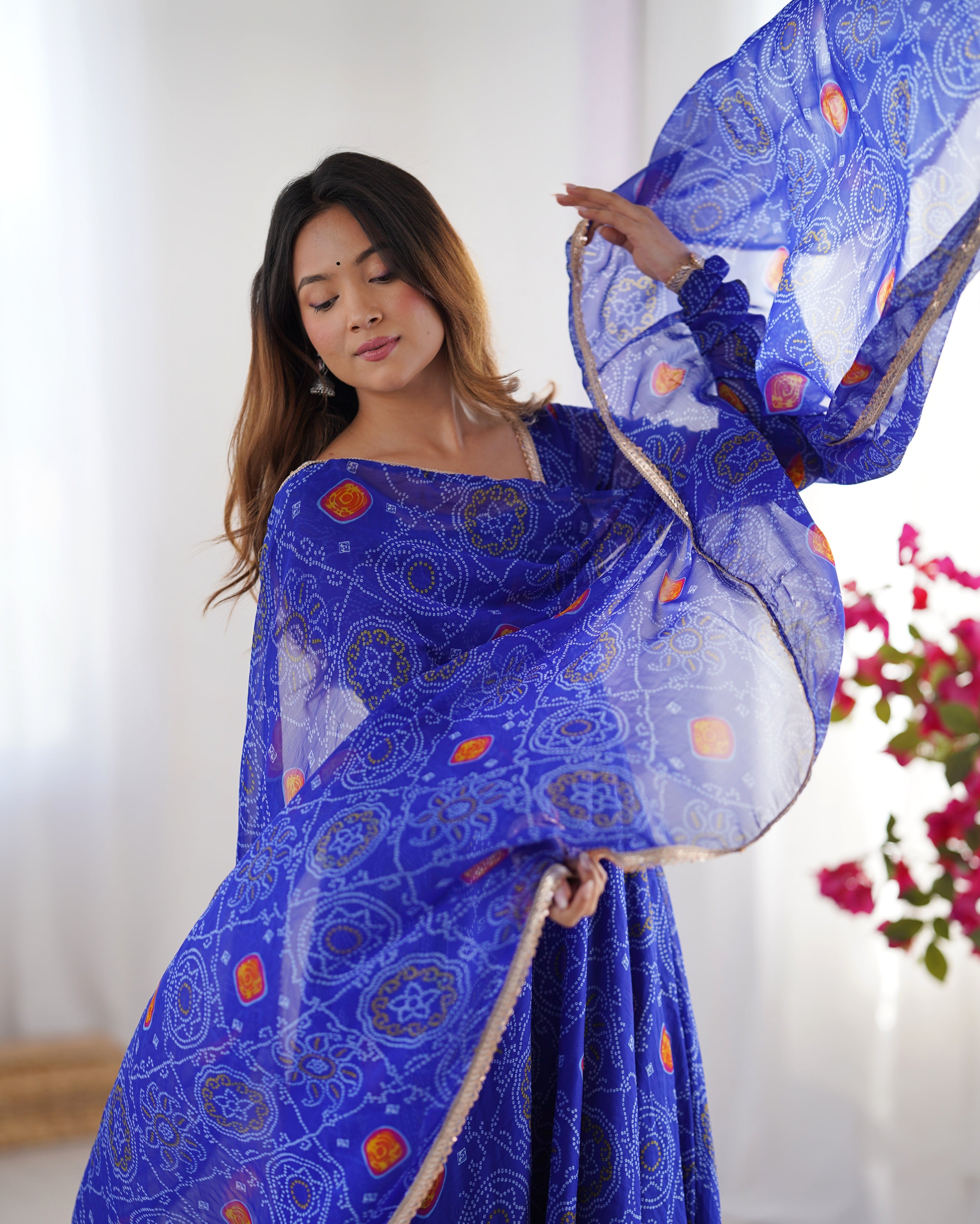 Royal Blue Lightweight Chiffon Bandhej Anarkali Set – 8 Mtr Flair with Lace Dupatta & Cotton Pant