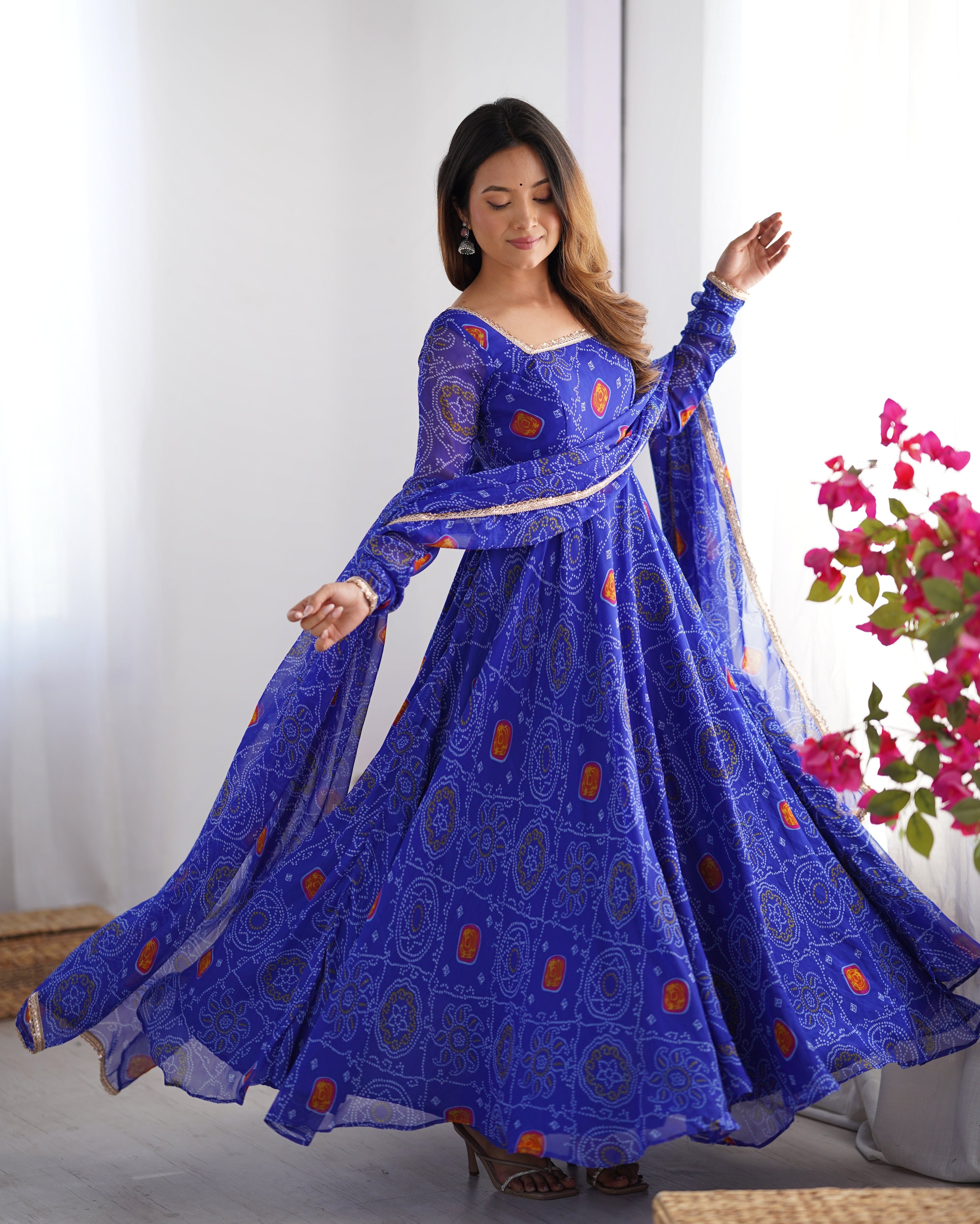 Royal Blue Lightweight Chiffon Bandhej Anarkali Set – 8 Mtr Flair with Lace Dupatta & Cotton Pant