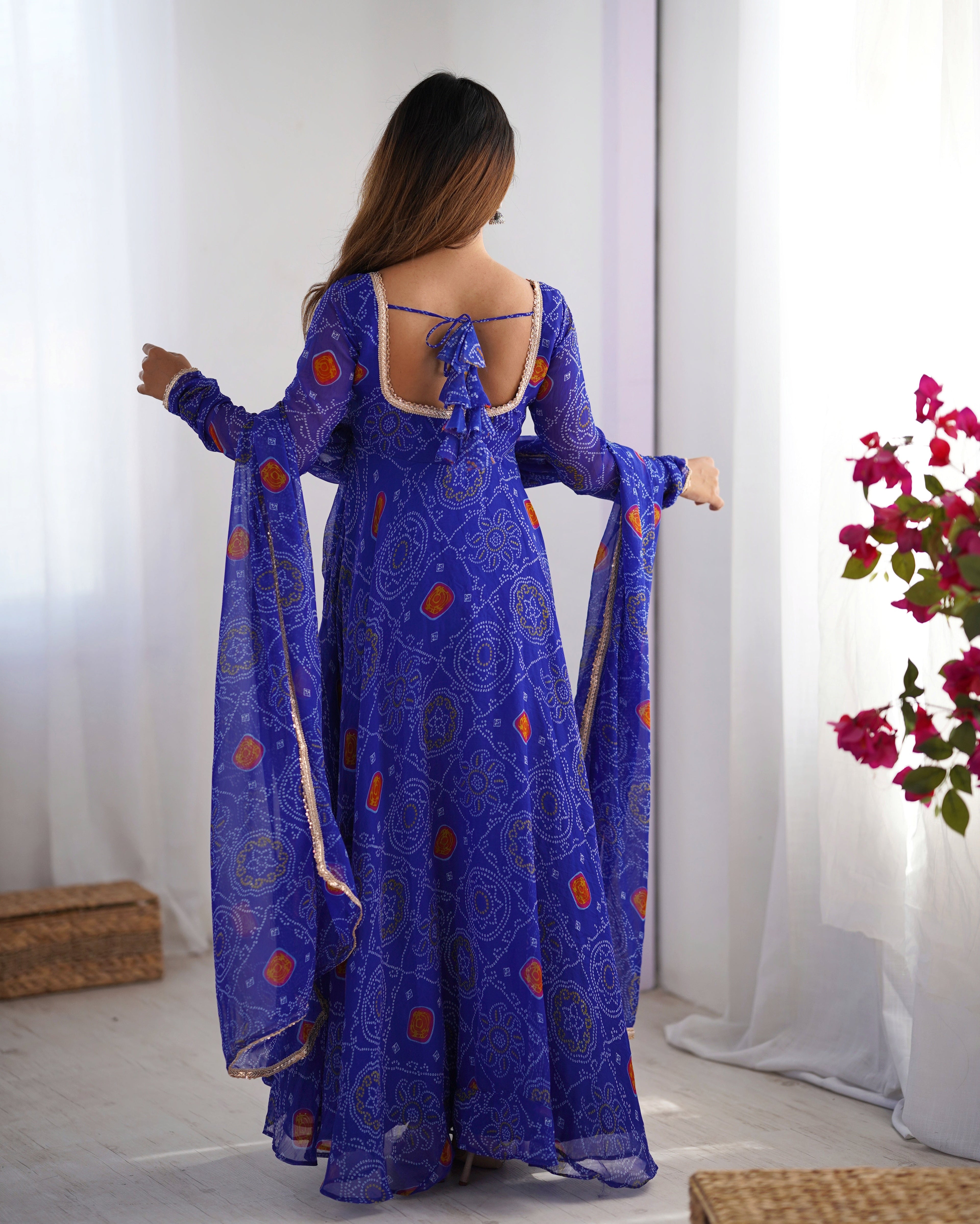 Royal Blue Lightweight Chiffon Bandhej Anarkali Set – 8 Mtr Flair with Lace Dupatta & Cotton Pant