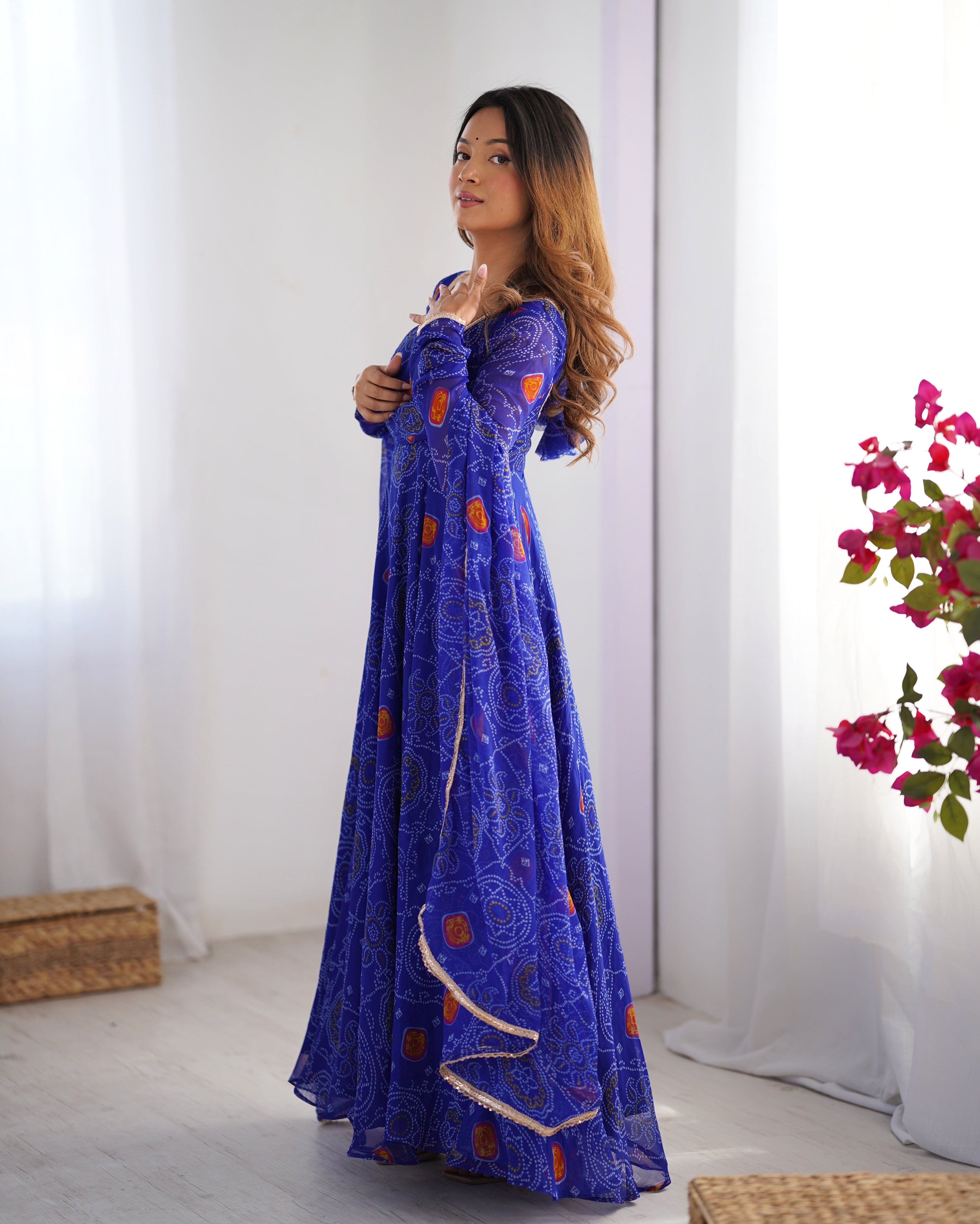 Royal Blue Lightweight Chiffon Bandhej Anarkali Set – 8 Mtr Flair with Lace Dupatta & Cotton Pant
