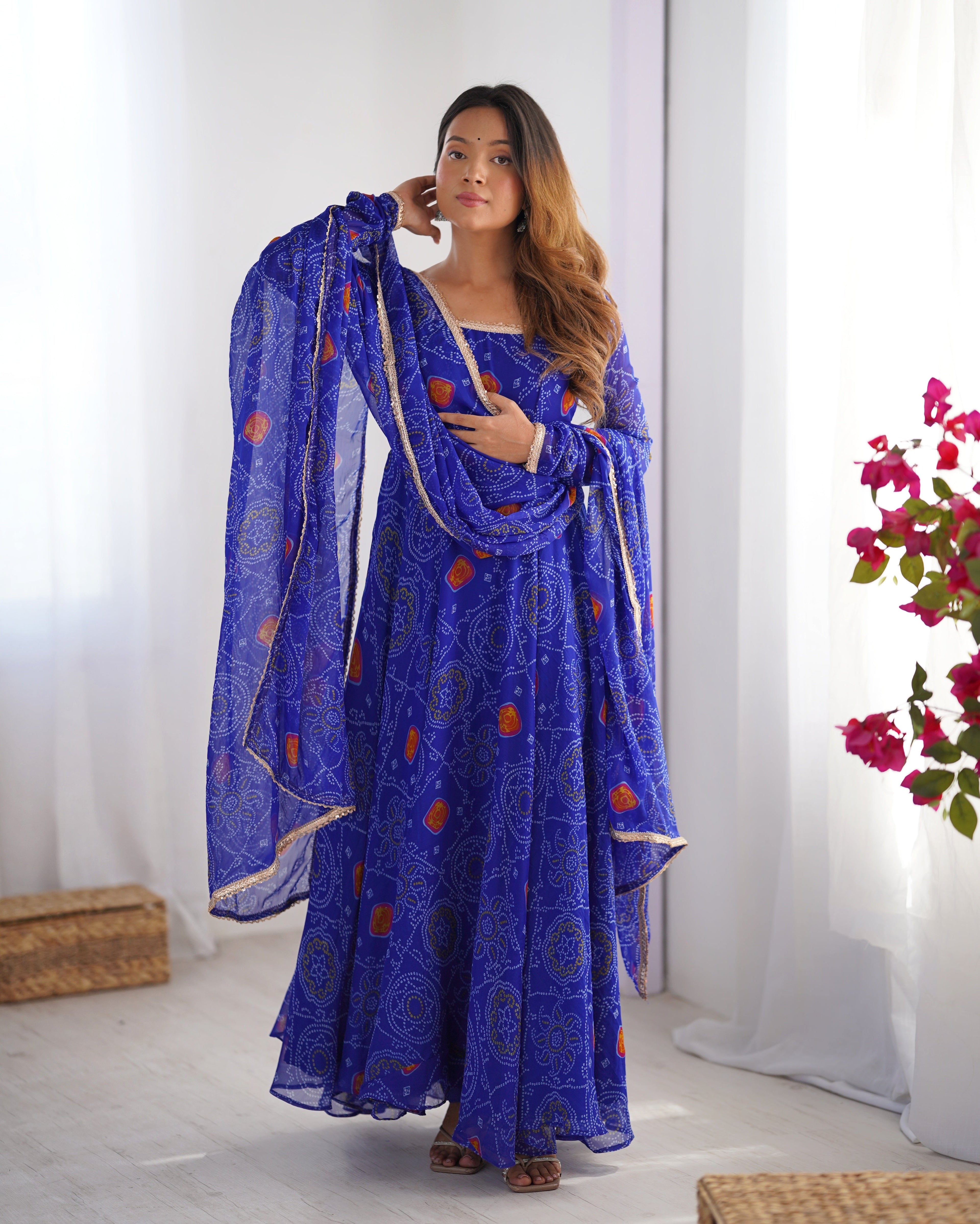 Royal Blue Lightweight Chiffon Bandhej Anarkali Set – 8 Mtr Flair with Lace Dupatta & Cotton Pant