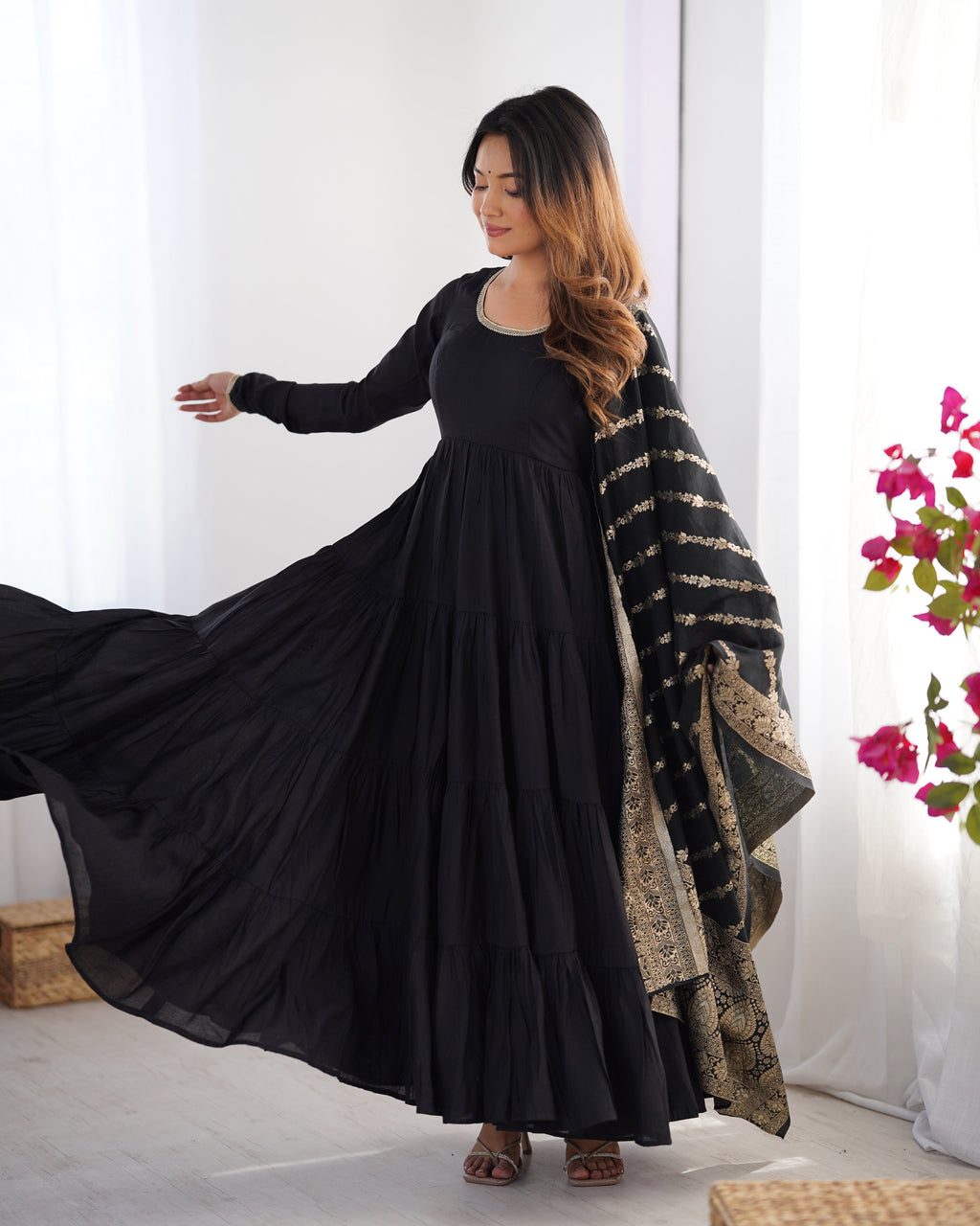Black Premium Pure Roman Silk Chanderi Anarkali Set