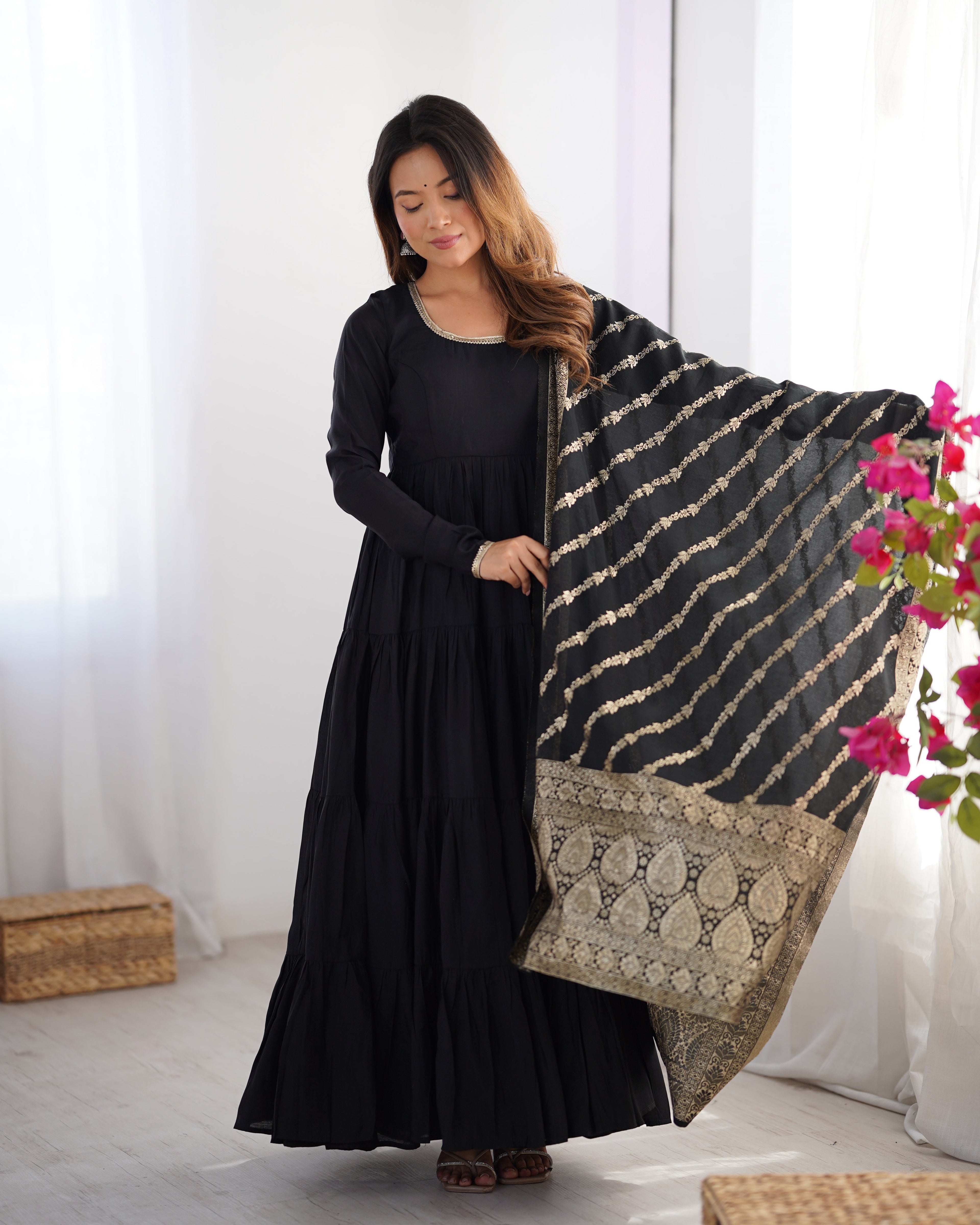 Black Premium Pure Roman Silk Chanderi Anarkali Set