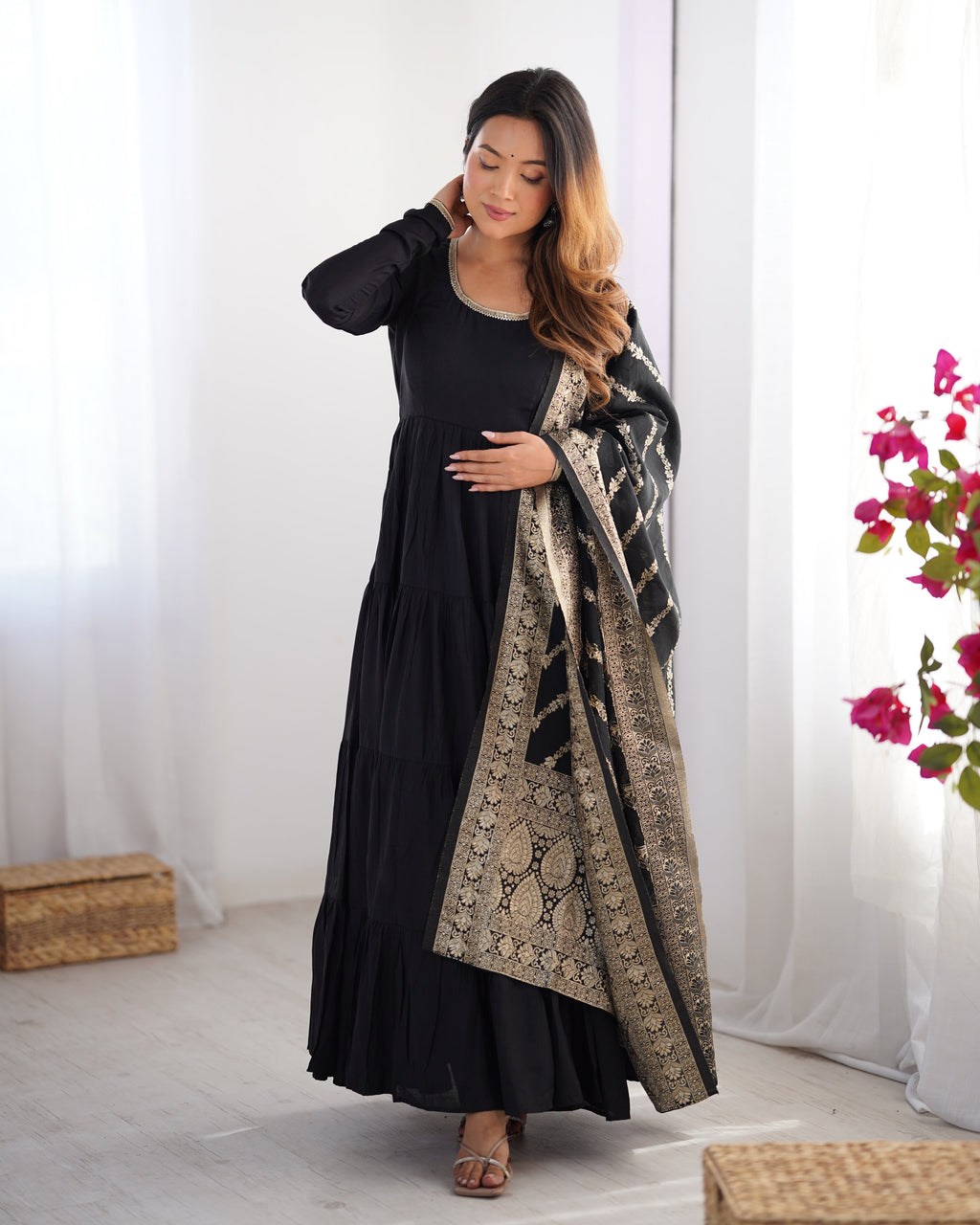 Black Premium Pure Roman Silk Chanderi Anarkali Set