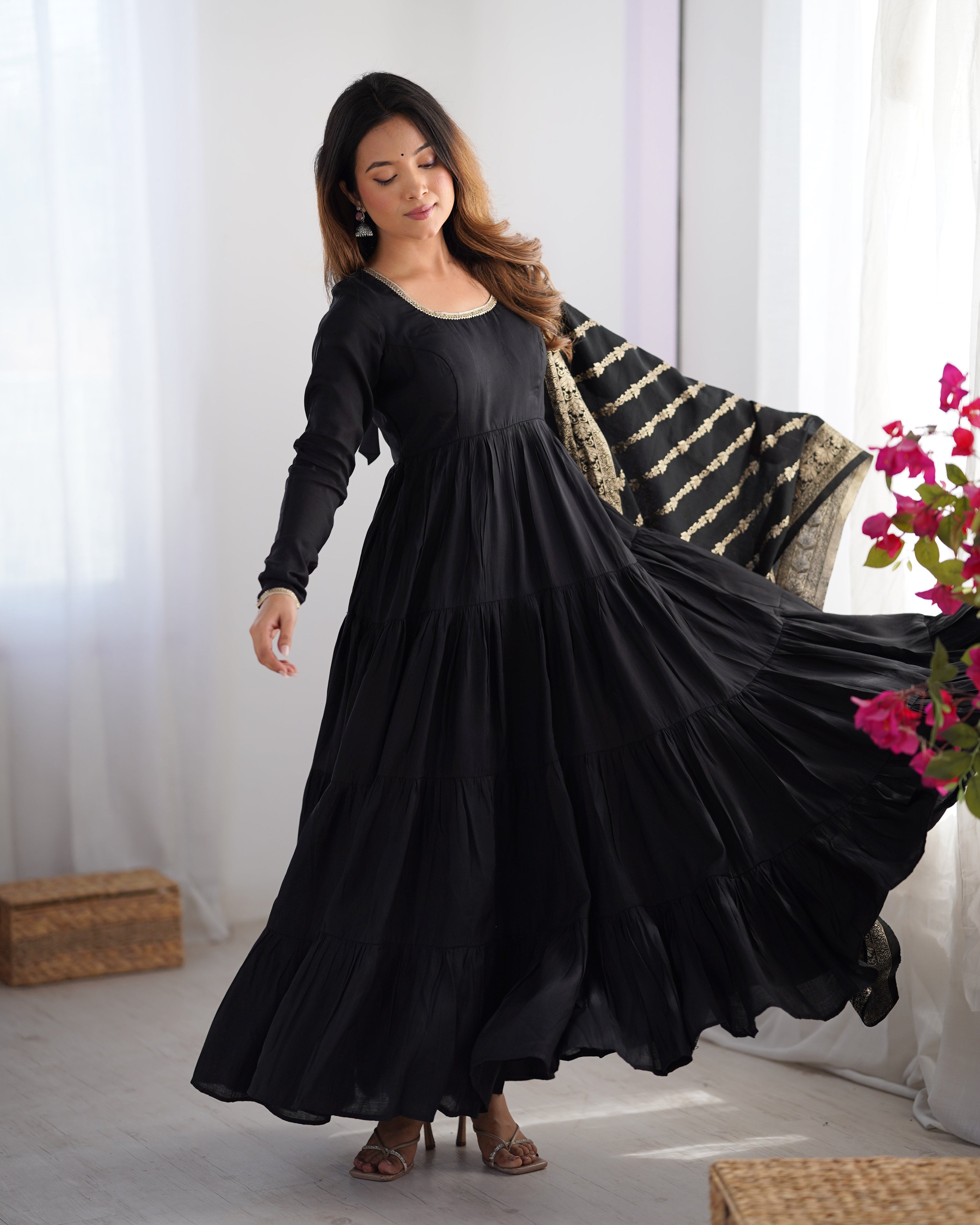 Black Premium Pure Roman Silk Chanderi Anarkali Set