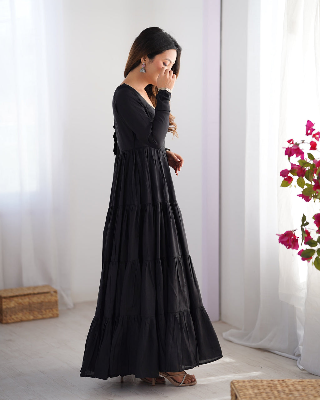 Black Premium Pure Roman Silk Chanderi Anarkali Set