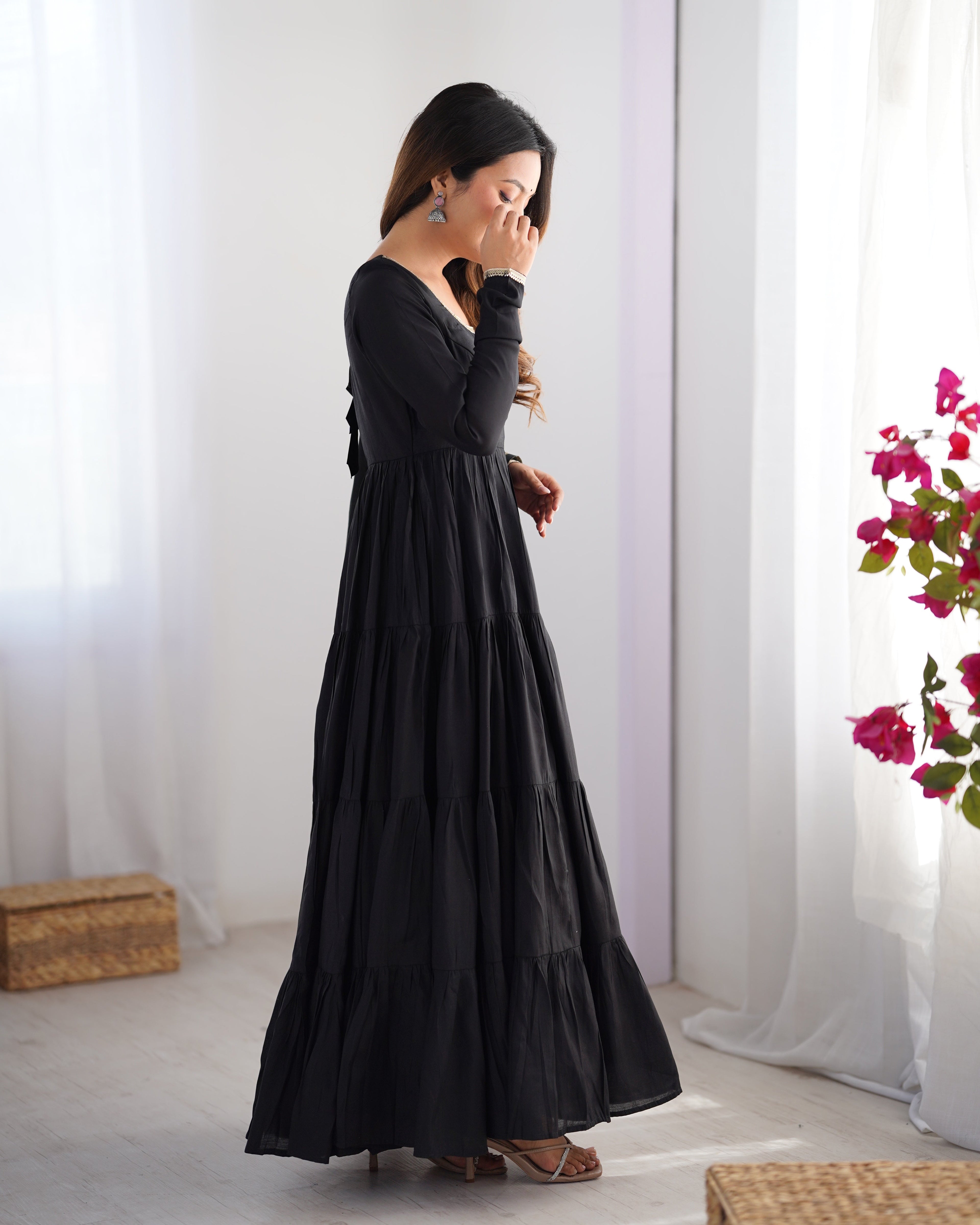 Black Premium Pure Roman Silk Chanderi Anarkali Set