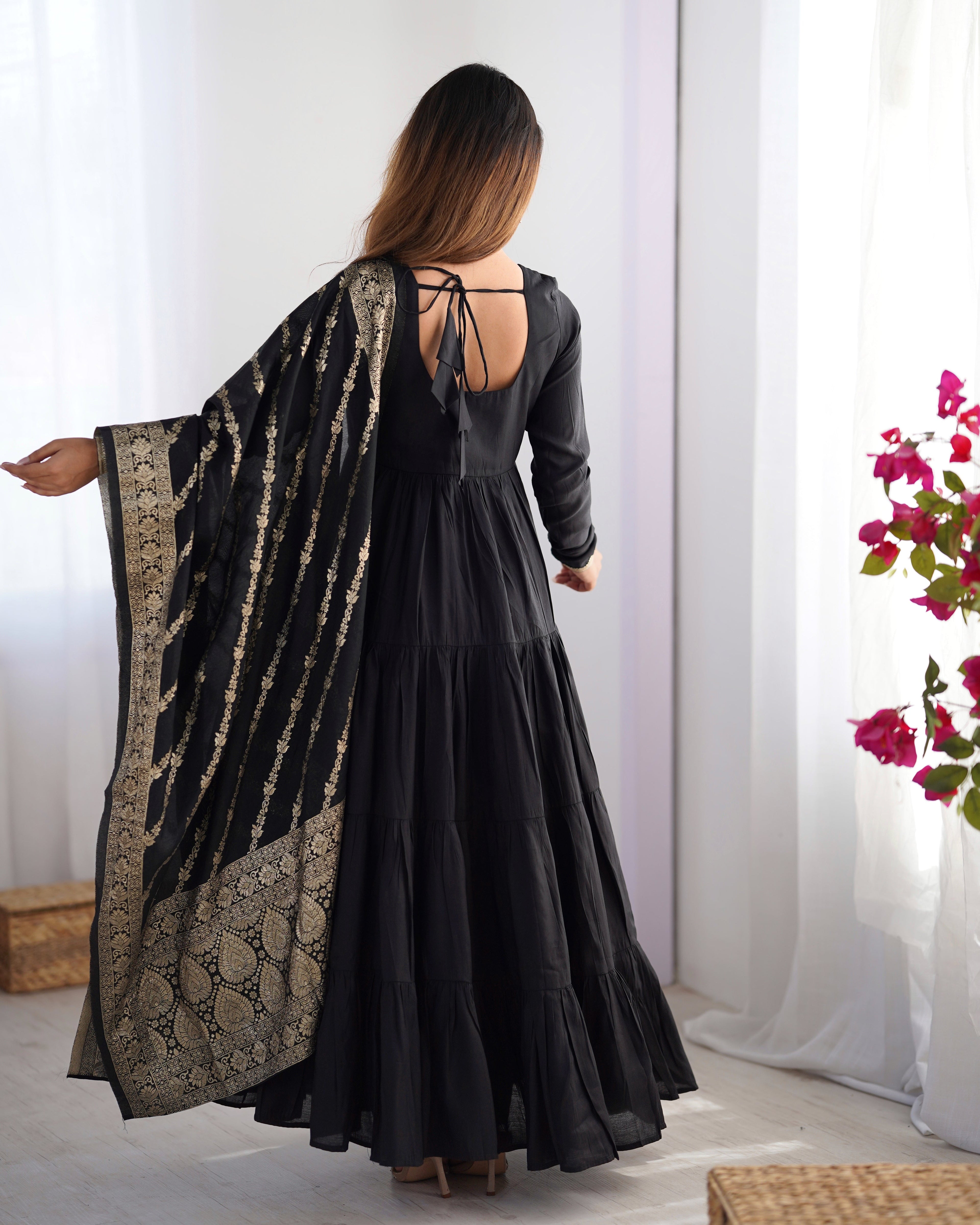 Black Premium Pure Roman Silk Chanderi Anarkali Set